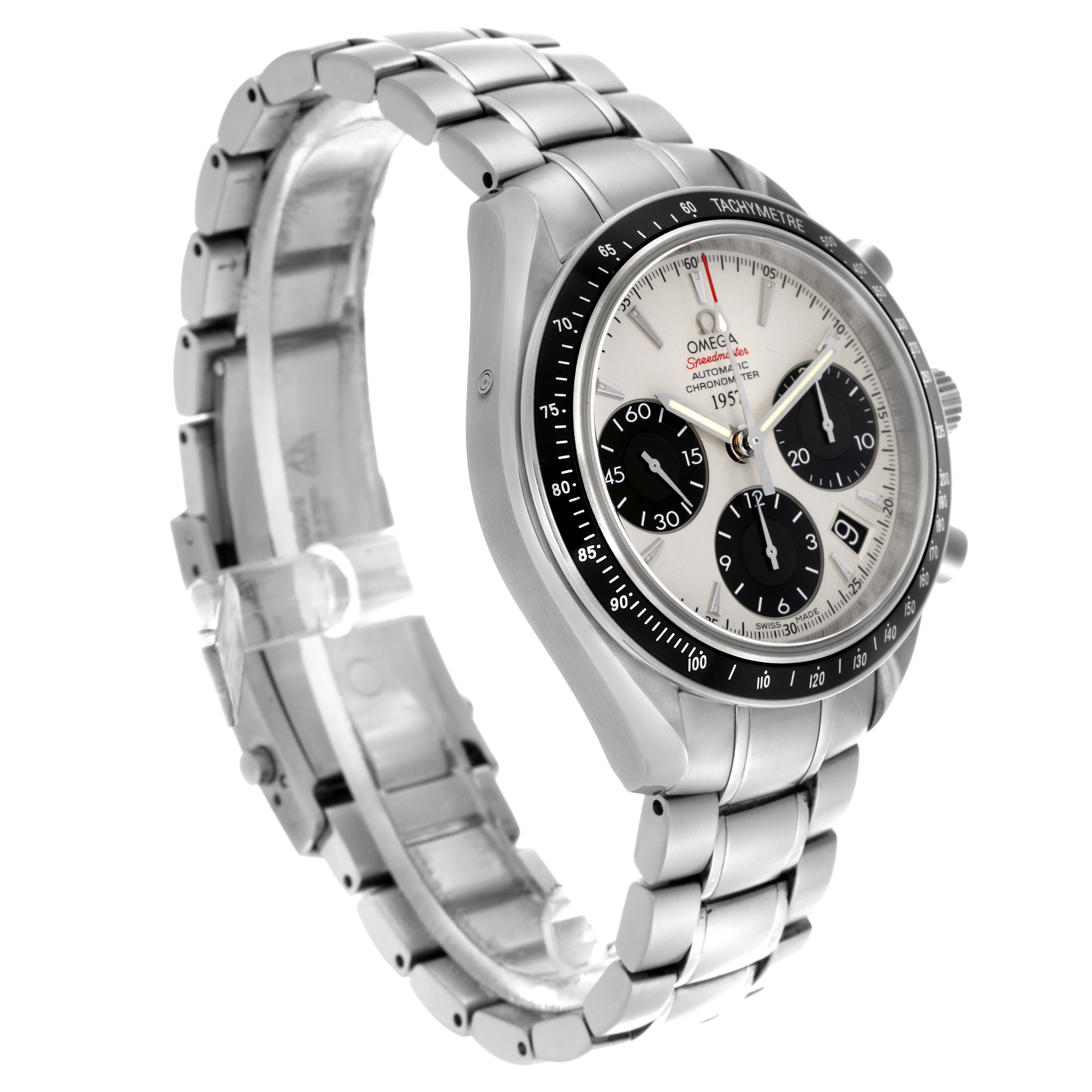 The Omega Speedmaster 323.30.40.40.02.001 Men
s Stainless Steel White Dial 323.30.40.40.02.001 Men
s Stainless Steel White Dial watch is angled to show the side and front, highlighting the bezel, dial, pushers, and bracelet.