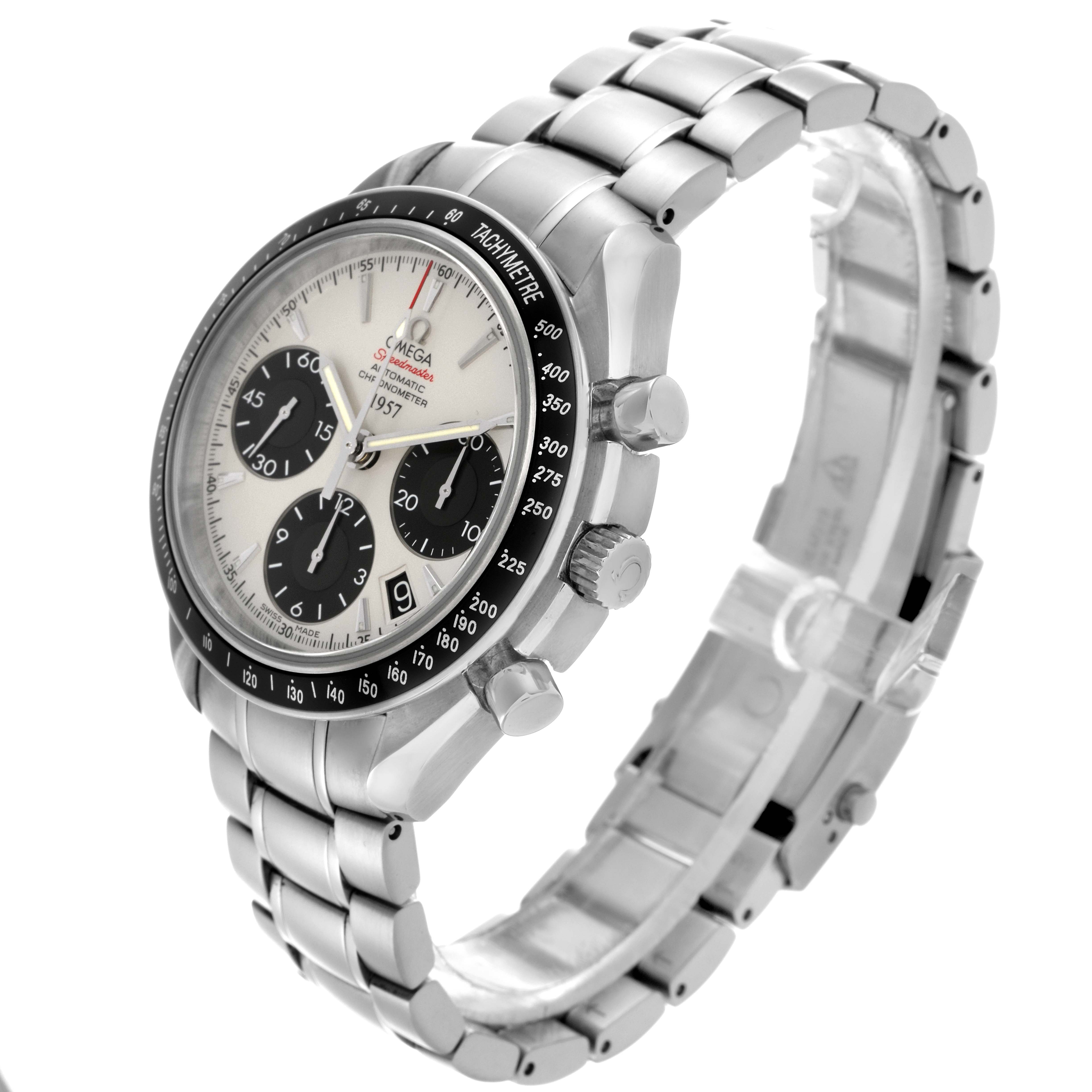 The Omega Speedmaster 323.30.40.40.02.001 Men
s Stainless Steel White Dial 323.30.40.40.02.001 Men
s Stainless Steel White Dial watch is shown at a three-quarter angle, highlighting the dial, bezel, pushers, and bracelet.