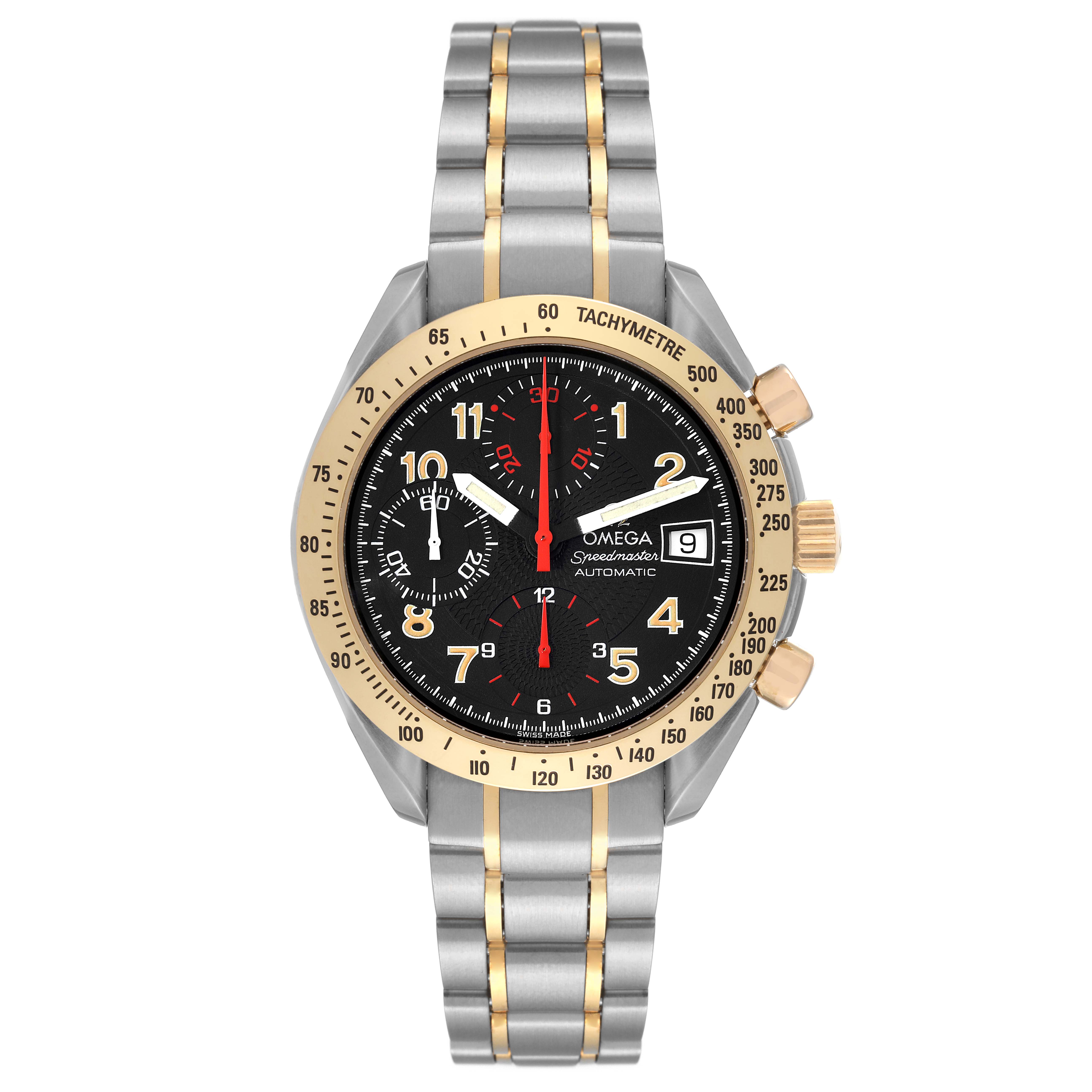 The image shows a front view of an Omega Speedmaster 3313.53.00 Men's Steel and Gold (two tone) Black Dial 3313.53.00 Men's Steel and Gold (two tone) Black Dial watch, highlighting its dial, bezel, and two-tone bracelet.