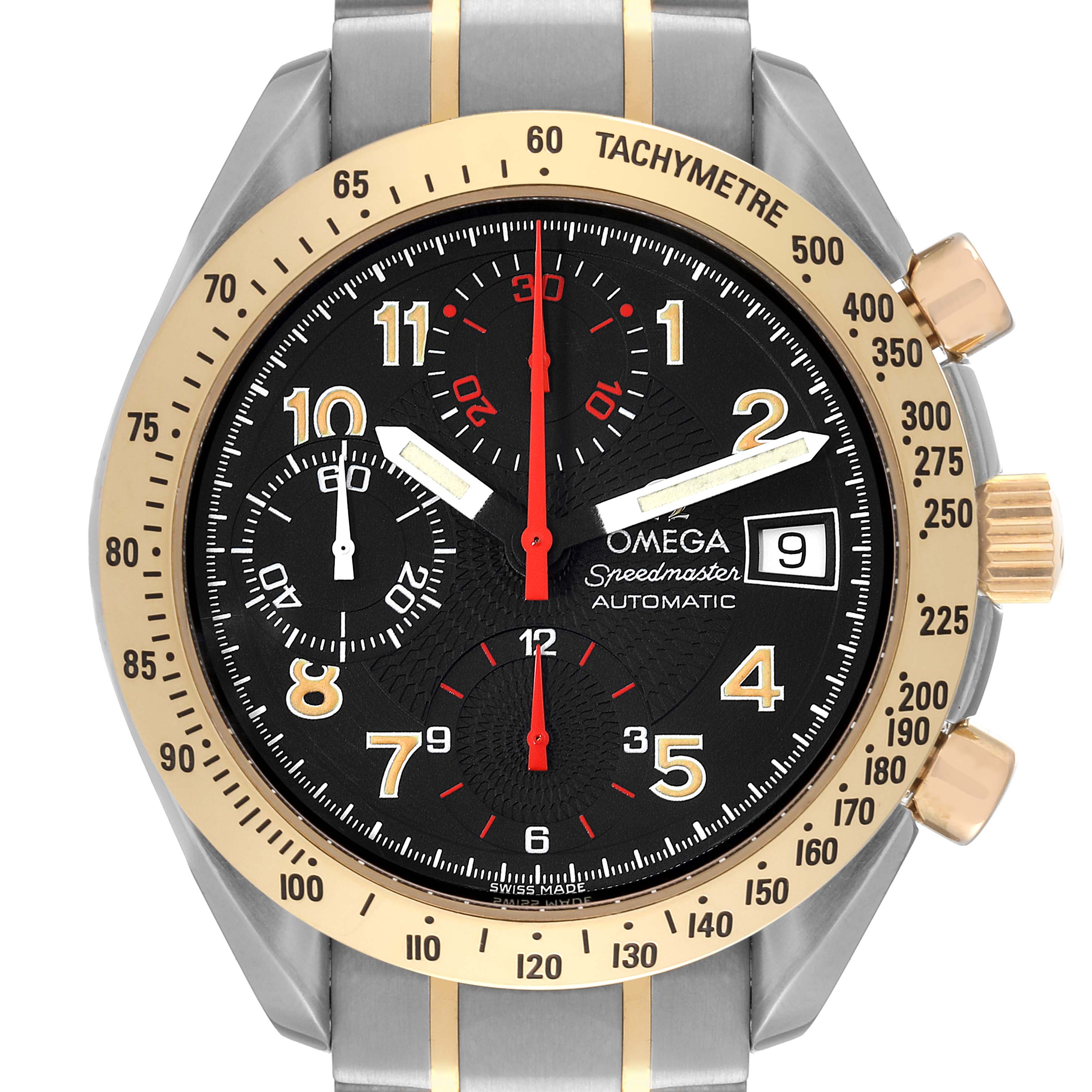 The image shows the front view of an Omega Speedmaster 3313.53.00 Men's Steel and Gold (two tone) Black Dial 3313.53.00 Men's Steel and Gold (two tone) Black Dial watch, highlighting its dial, sub-dials, date display, and tachymetre bezel.