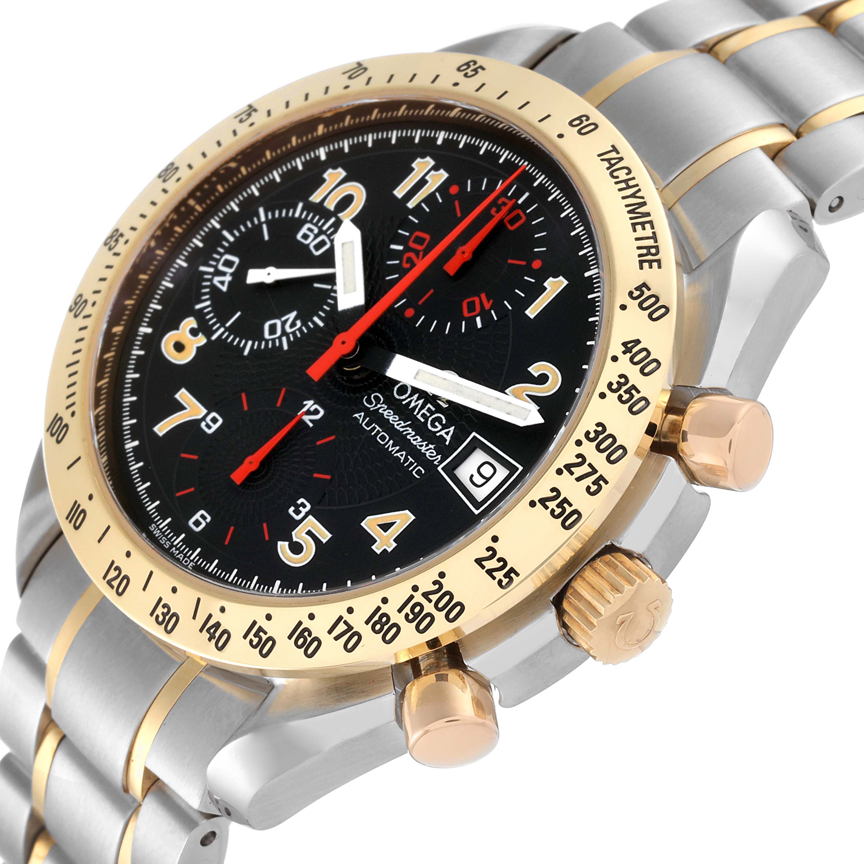 The image shows a close-up angle of an Omega Speedmaster 3313.53.00 Men's Steel and Gold (two tone) Black Dial 3313.53.00 Men's Steel and Gold (two tone) Black Dial watch dial, bezel, crown, and part of its metal bracelet.