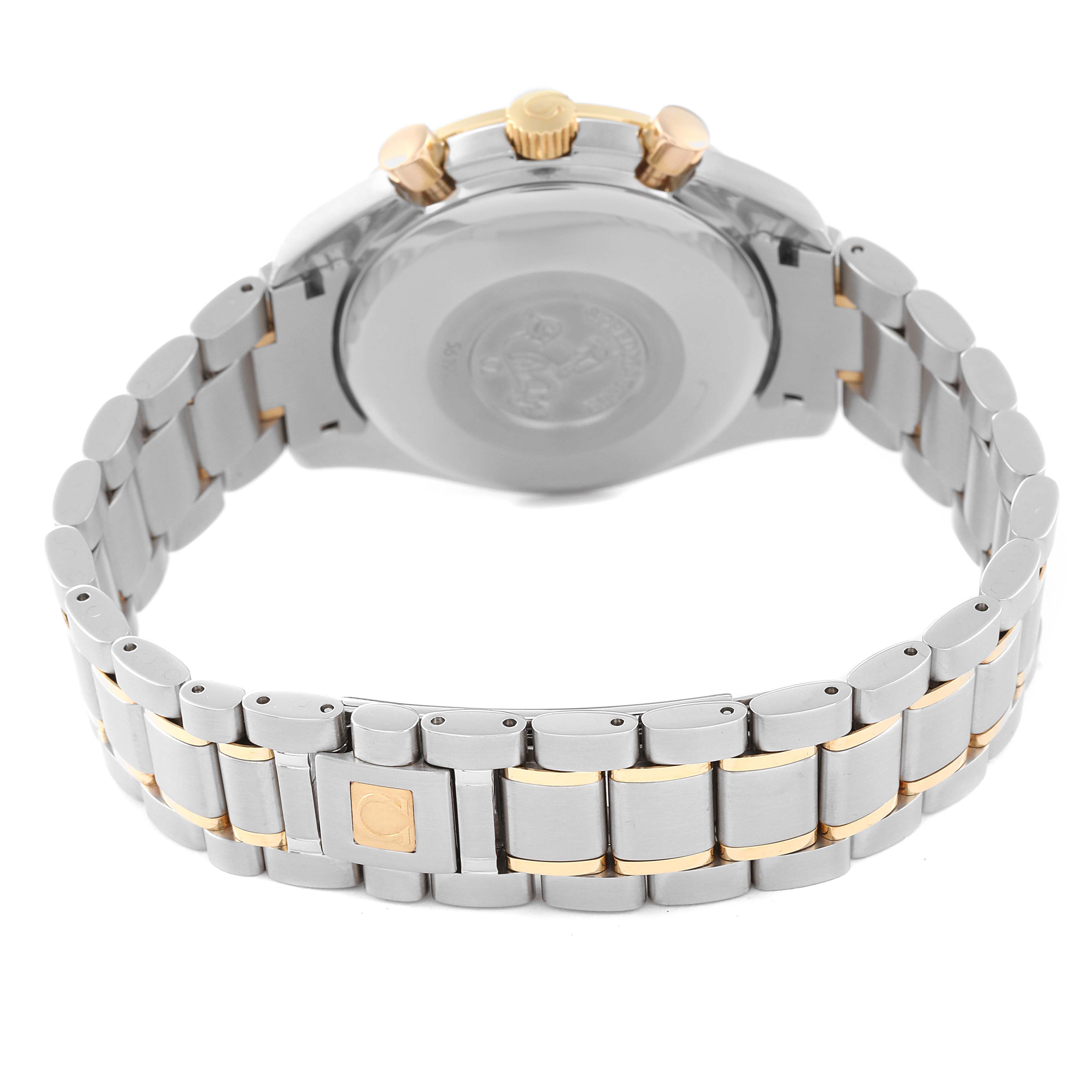 The image shows the back view of an Omega Speedmaster 3313.53.00 Men's Steel and Gold (two tone) Black Dial 3313.53.00 Men's Steel and Gold (two tone) Black Dial watch, highlighting the bracelet and clasp.