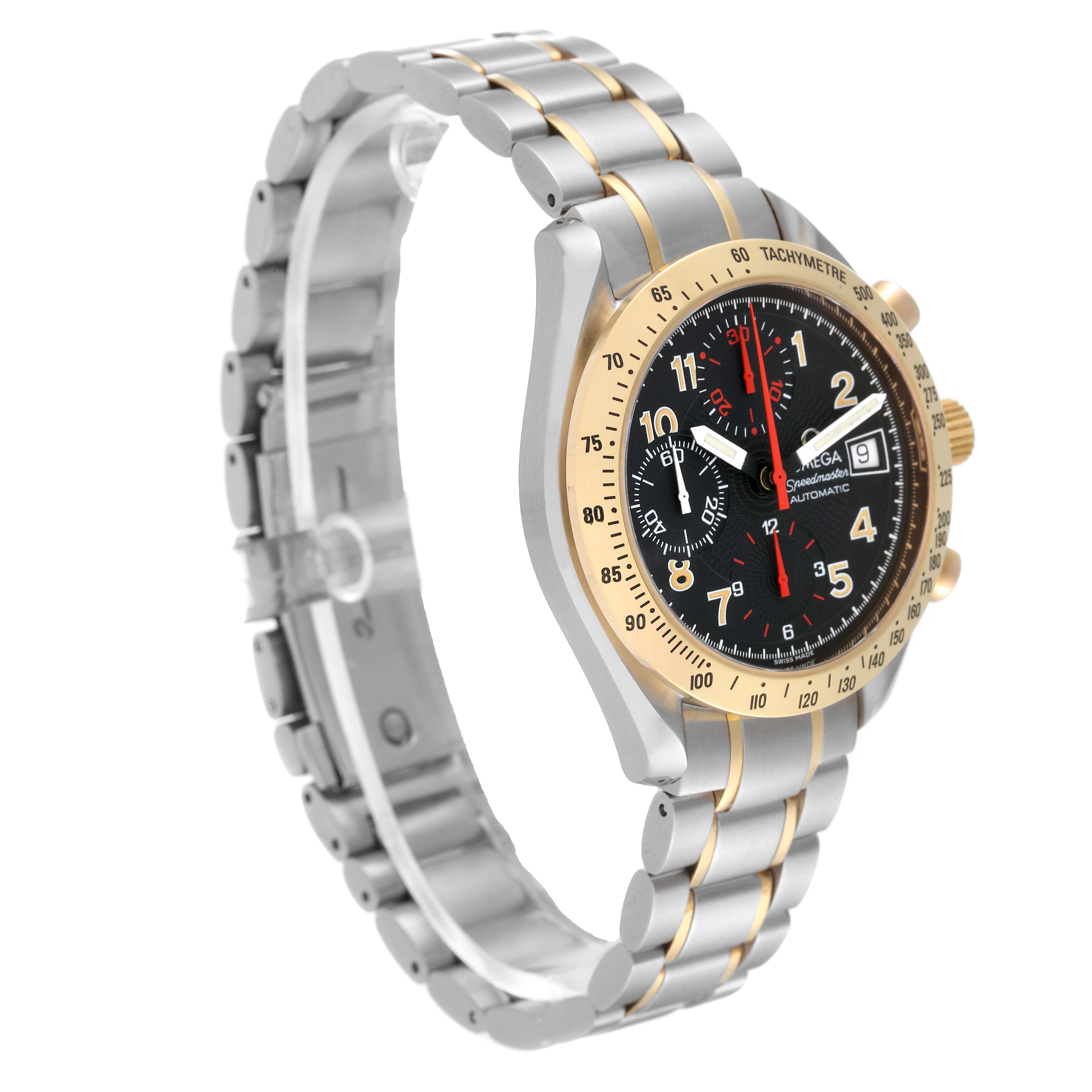 The image shows a side angle of an Omega Speedmaster 3313.53.00 Men's Steel and Gold (two tone) Black Dial 3313.53.00 Men's Steel and Gold (two tone) Black Dial watch, displaying its bracelet, dial, bezel, and crown.