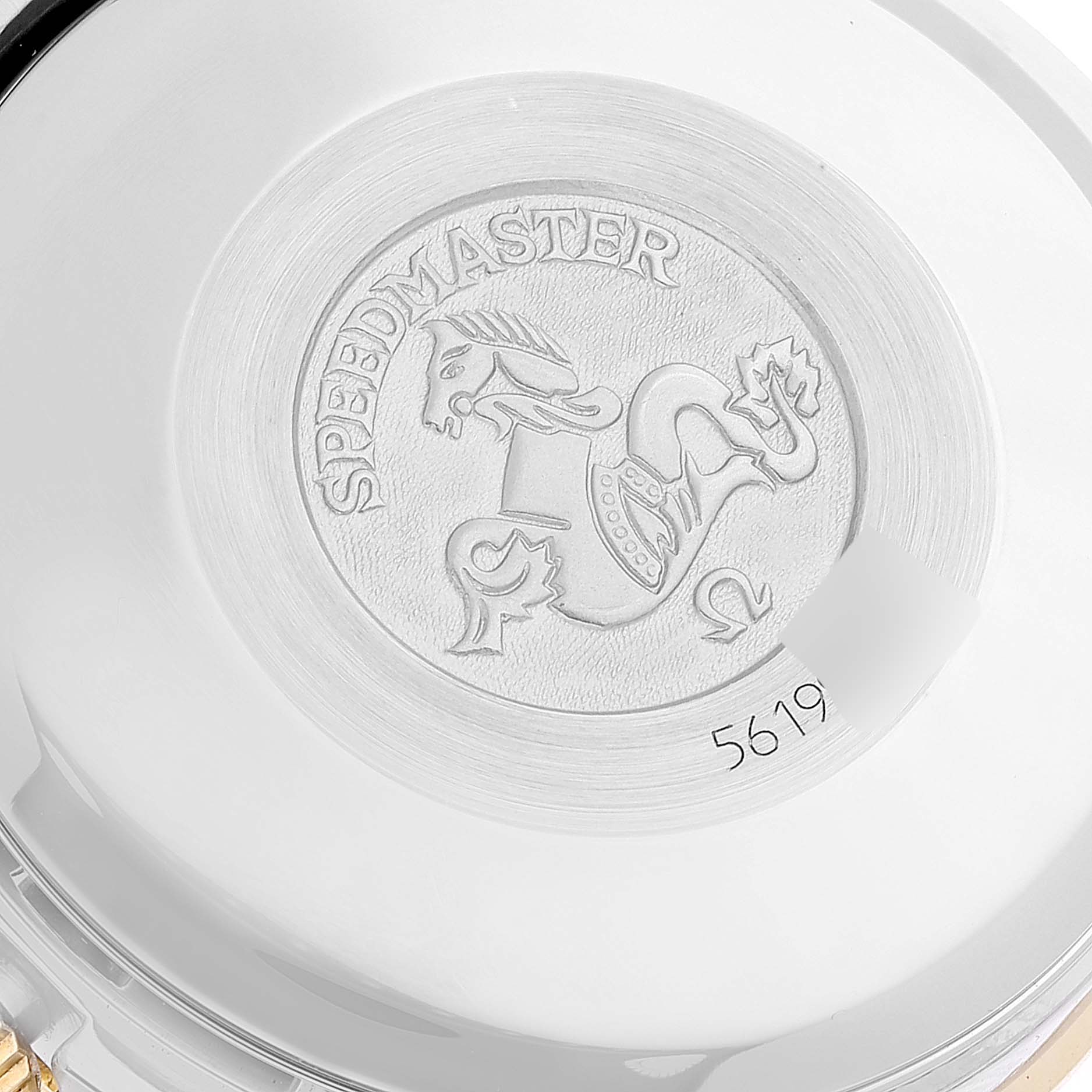 The image shows the engraved case back of an Omega Speedmaster 3313.53.00 Men's Steel and Gold (two tone) Black Dial 3313.53.00 Men's Steel and Gold (two tone) Black Dial watch.