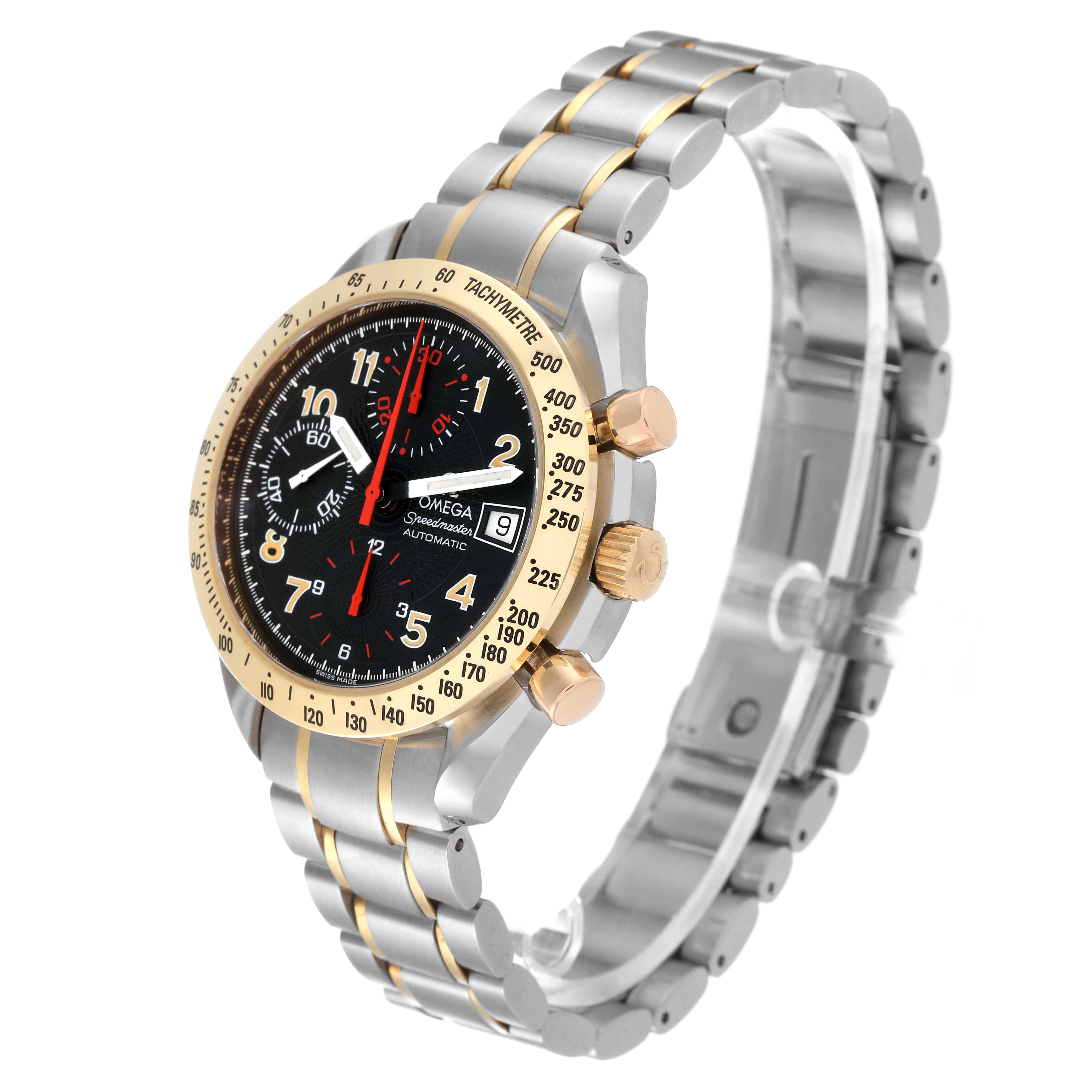 This image shows an Omega Speedmaster 3313.53.00 Men's Steel and Gold (two tone) Black Dial 3313.53.00 Men's Steel and Gold (two tone) Black Dial watch angled from the right side, highlighting the dial, bezel, and metal bracelet.