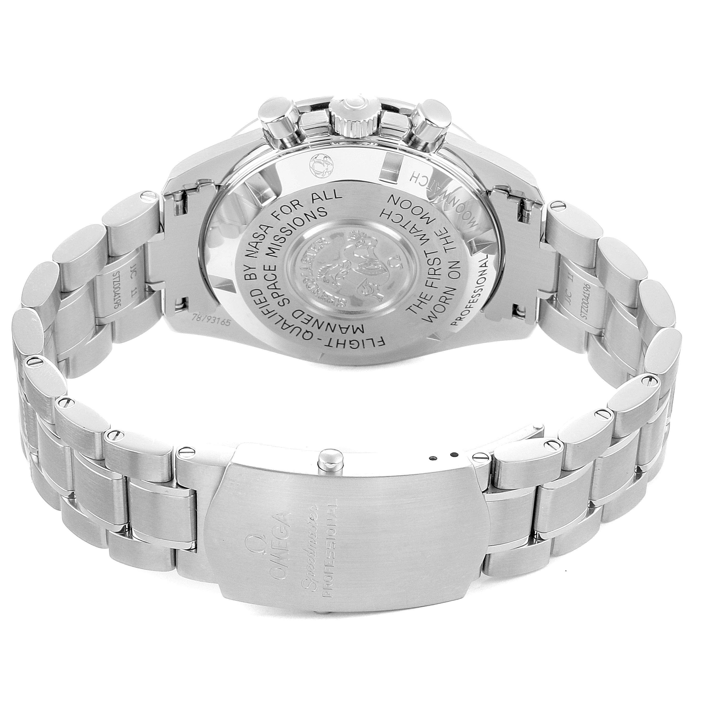 The image shows the back and clasp of an Omega Speedmaster 311.30.42.30.01.005 Men
s Stainless Steel Black Dial 311.30.42.30.01.005 Men
s Stainless Steel Black Dial watch, highlighting its engravings and metallic bracelet.