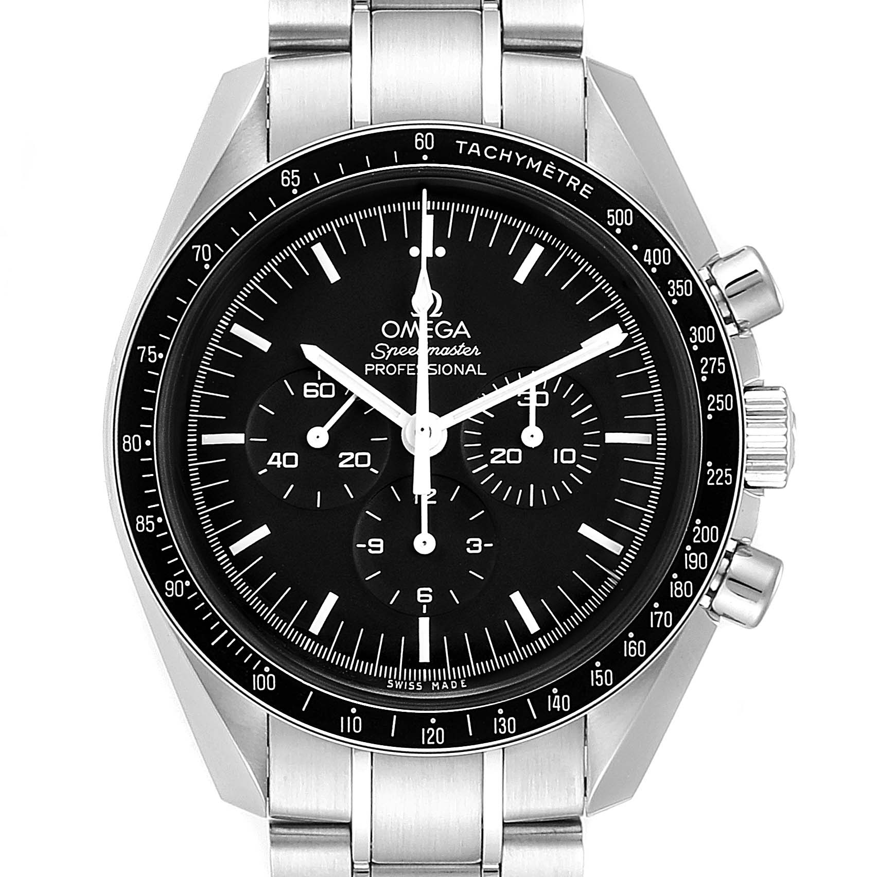The image shows a front view of an Omega Speedmaster 311.30.42.30.01.005 Men
s Stainless Steel Black Dial 311.30.42.30.01.005 Men
s Stainless Steel Black Dial watch, highlighting its tachymeter bezel and chronograph sub-dials on a stainless steel bracelet.