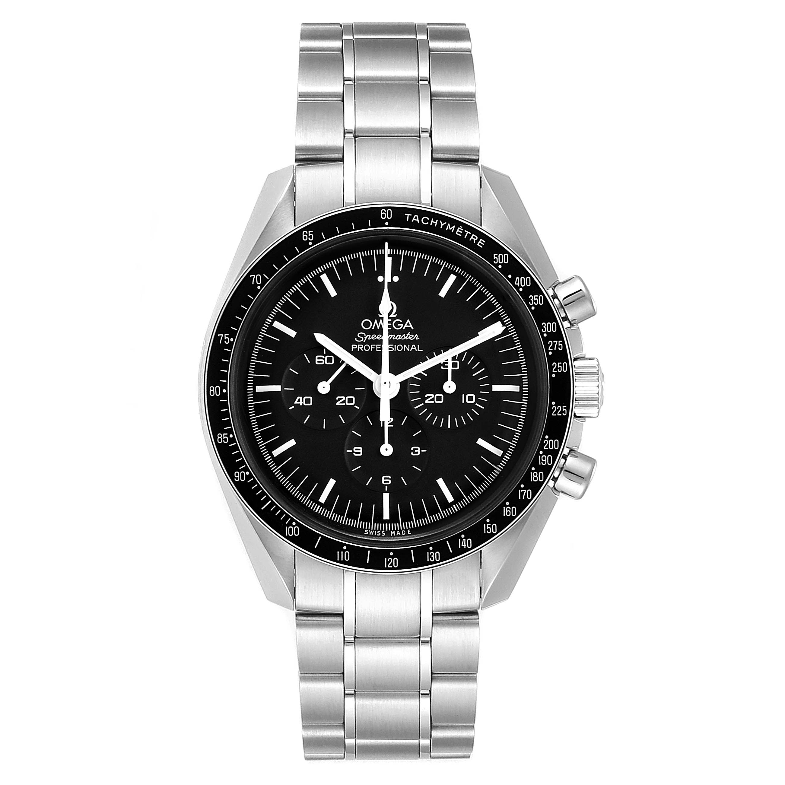 This is a front view of an Omega Speedmaster 311.30.42.30.01.005 Men
s Stainless Steel Black Dial 311.30.42.30.01.005 Men
s Stainless Steel Black Dial watch, showing its face, bezel, and metal strap.