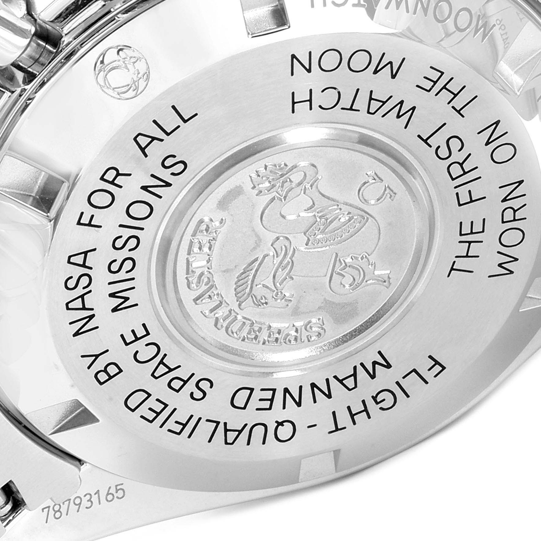 The image shows the engraved case back of an Omega Speedmaster 311.30.42.30.01.005 Men
s Stainless Steel Black Dial 311.30.42.30.01.005 Men
s Stainless Steel Black Dial watch, highlighting its association with NASA space missions.