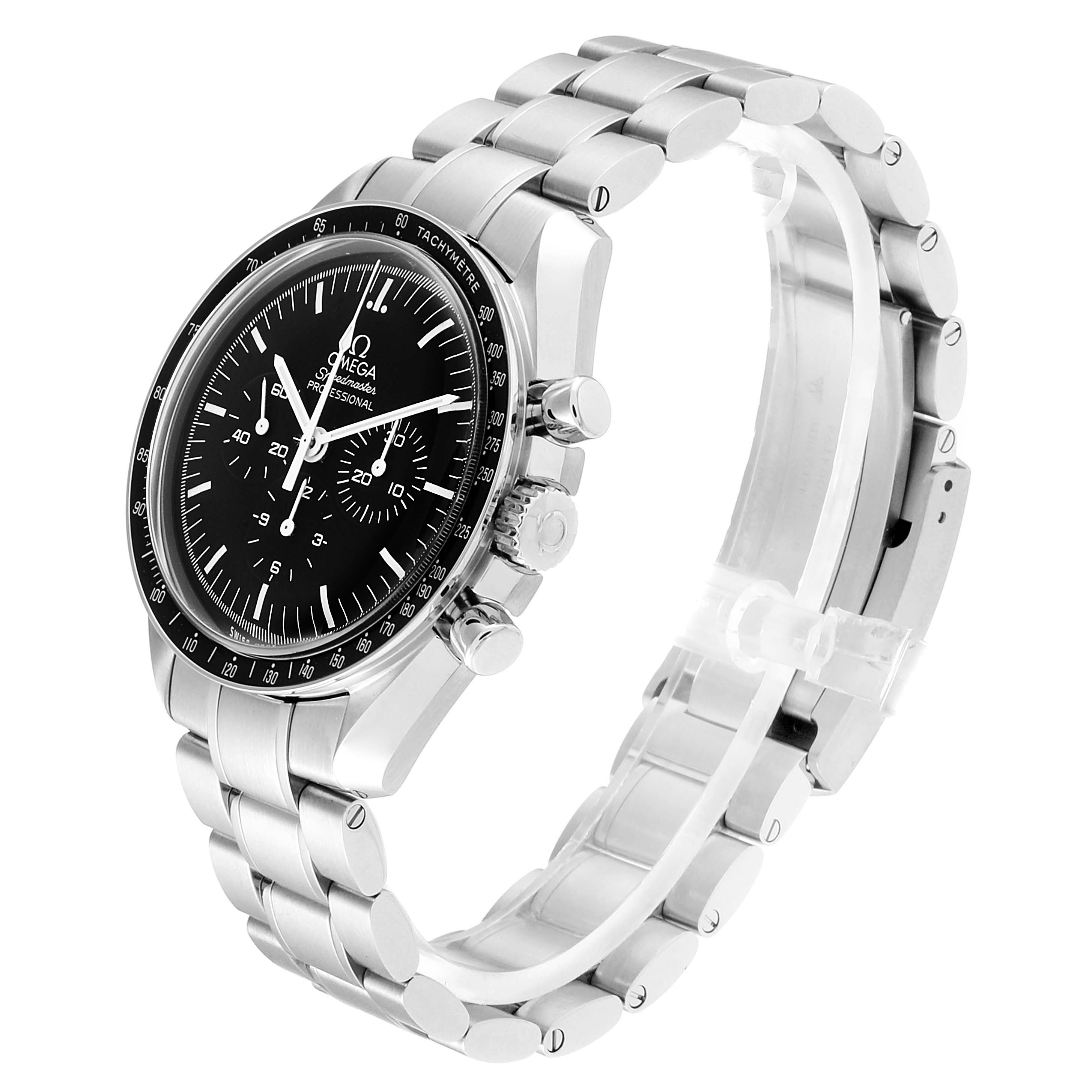 The image shows a side angle of the Omega Speedmaster 311.30.42.30.01.005 Men
s Stainless Steel Black Dial 311.30.42.30.01.005 Men
s Stainless Steel Black Dial watch, displaying its dial, bezel, crown, and stainless steel bracelet.