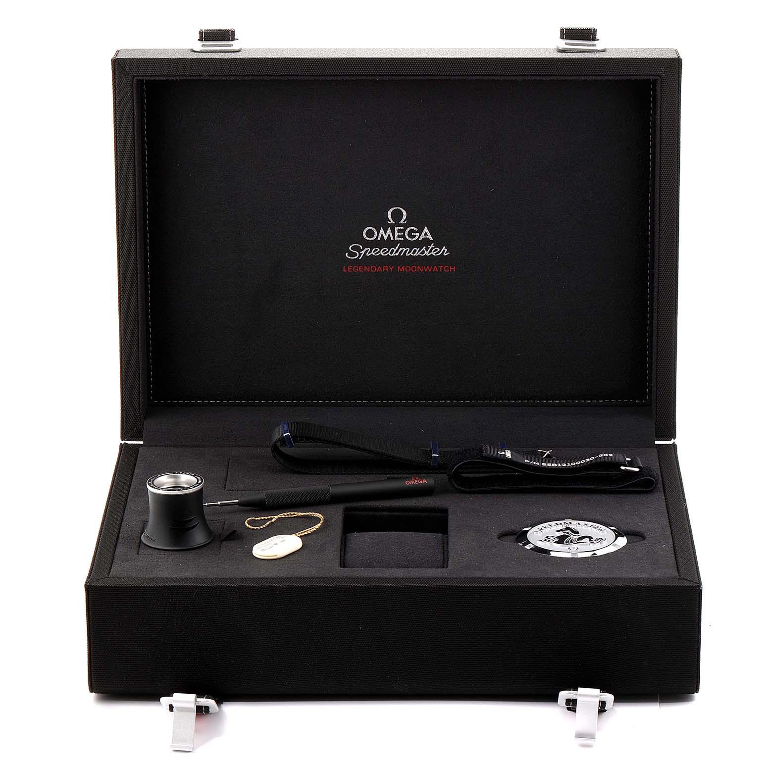 This image shows an open case of an Omega Speedmaster 311.30.42.30.01.005 Men
s Stainless Steel Black Dial 311.30.42.30.01.005 Men
s Stainless Steel Black Dial watch with various accessories arranged inside.