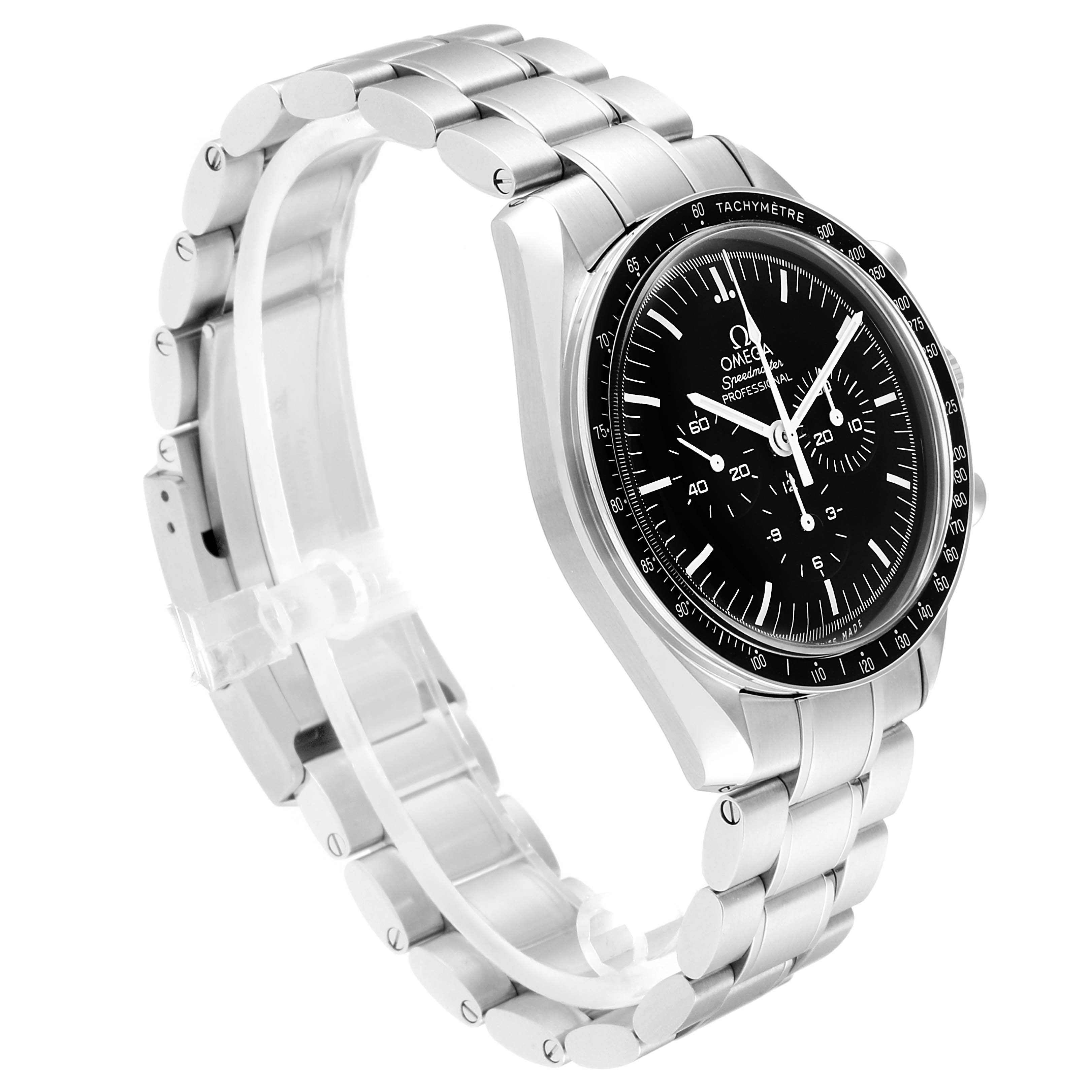 This image shows a side angle view of the Omega Speedmaster 311.30.42.30.01.005 Men
s Stainless Steel Black Dial 311.30.42.30.01.005 Men
s Stainless Steel Black Dial watch, highlighting its stainless steel bracelet and black dial.