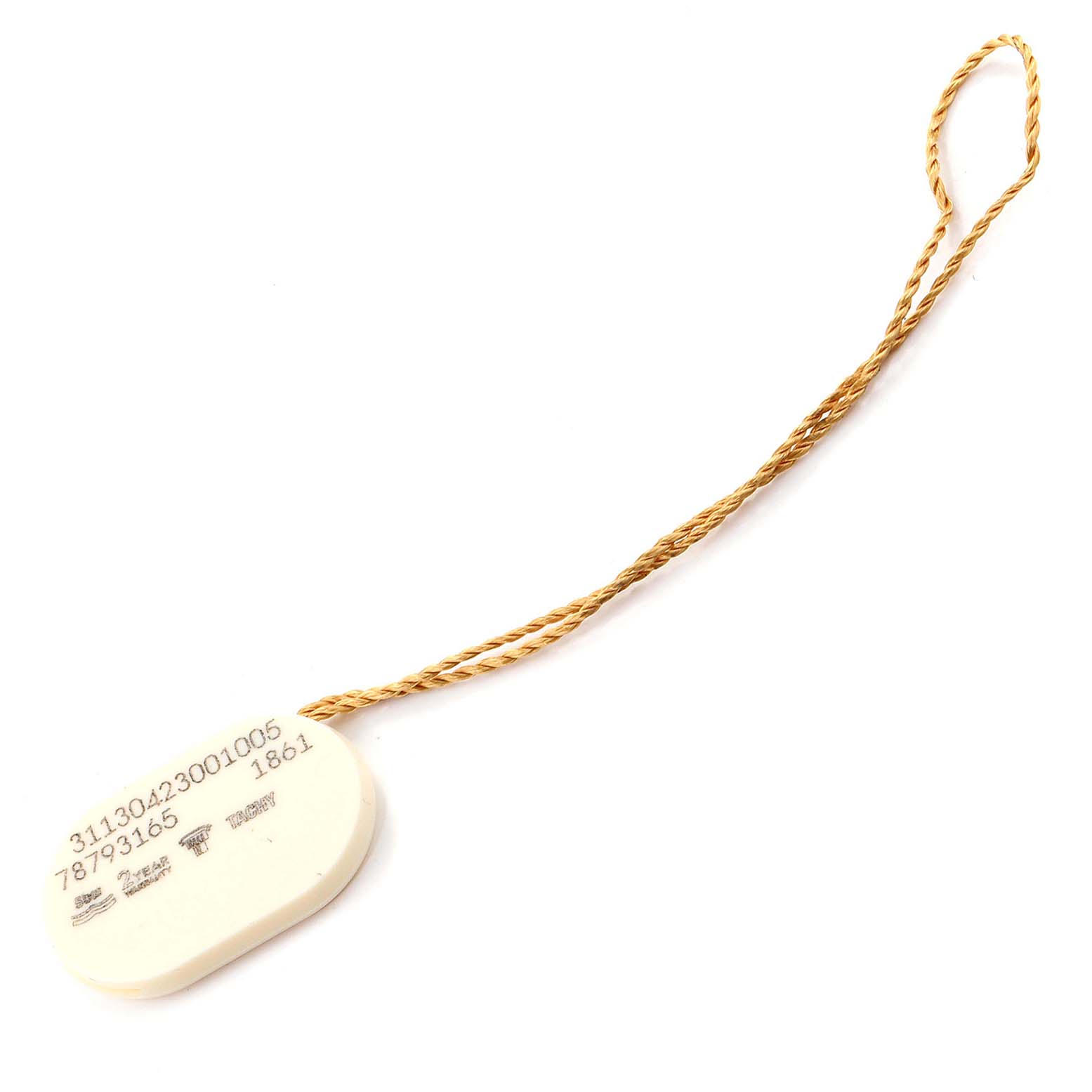 The image shows a tag with serial numbers for an Omega Speedmaster 311.30.42.30.01.005 Men
s Stainless Steel Black Dial 311.30.42.30.01.005 Men
s Stainless Steel Black Dial watch, attached to a twisted gold string.