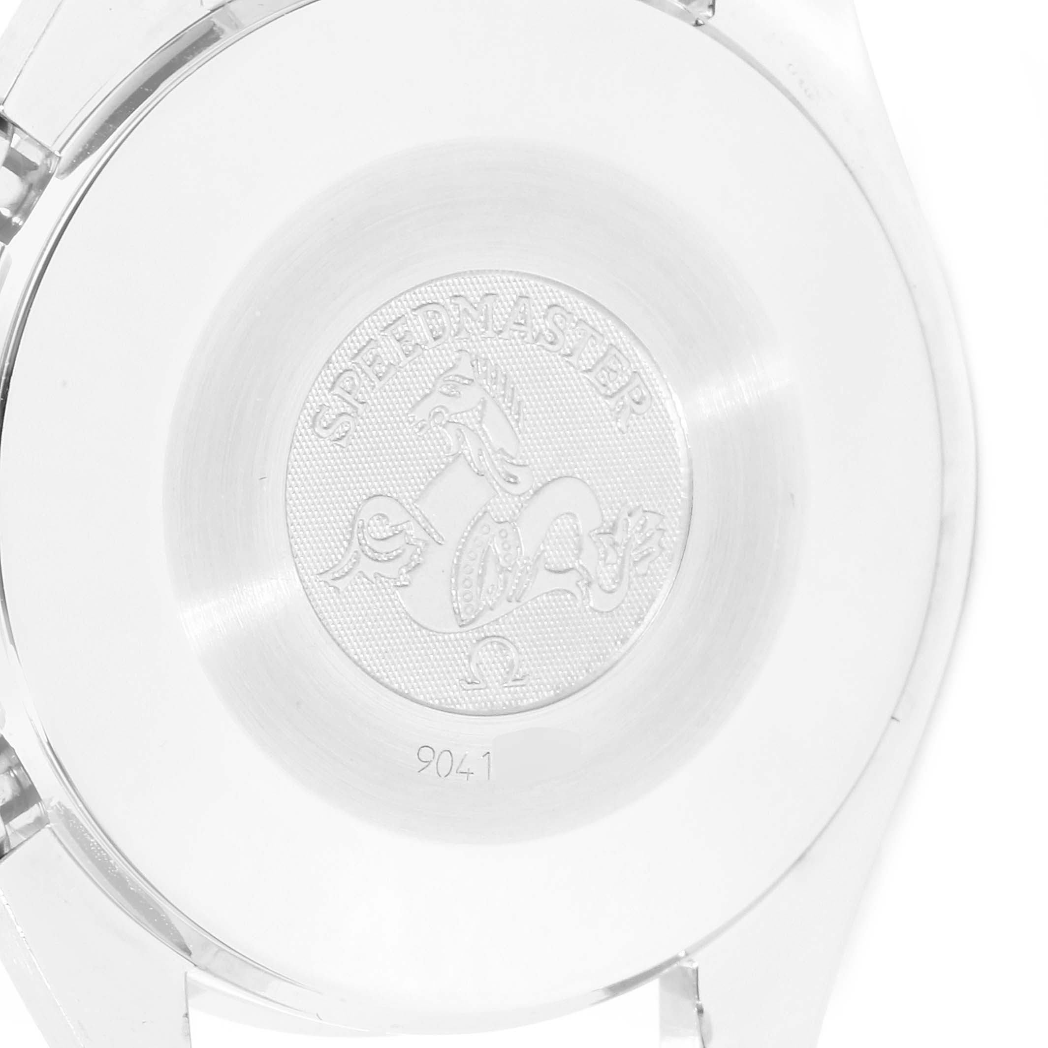 This image shows the back case with the logo and engravings of an Omega Speedmaster 3510.50.00 Men
s Stainless Steel Black Dial 3510.50.00 Men
s Stainless Steel Black Dial watch.