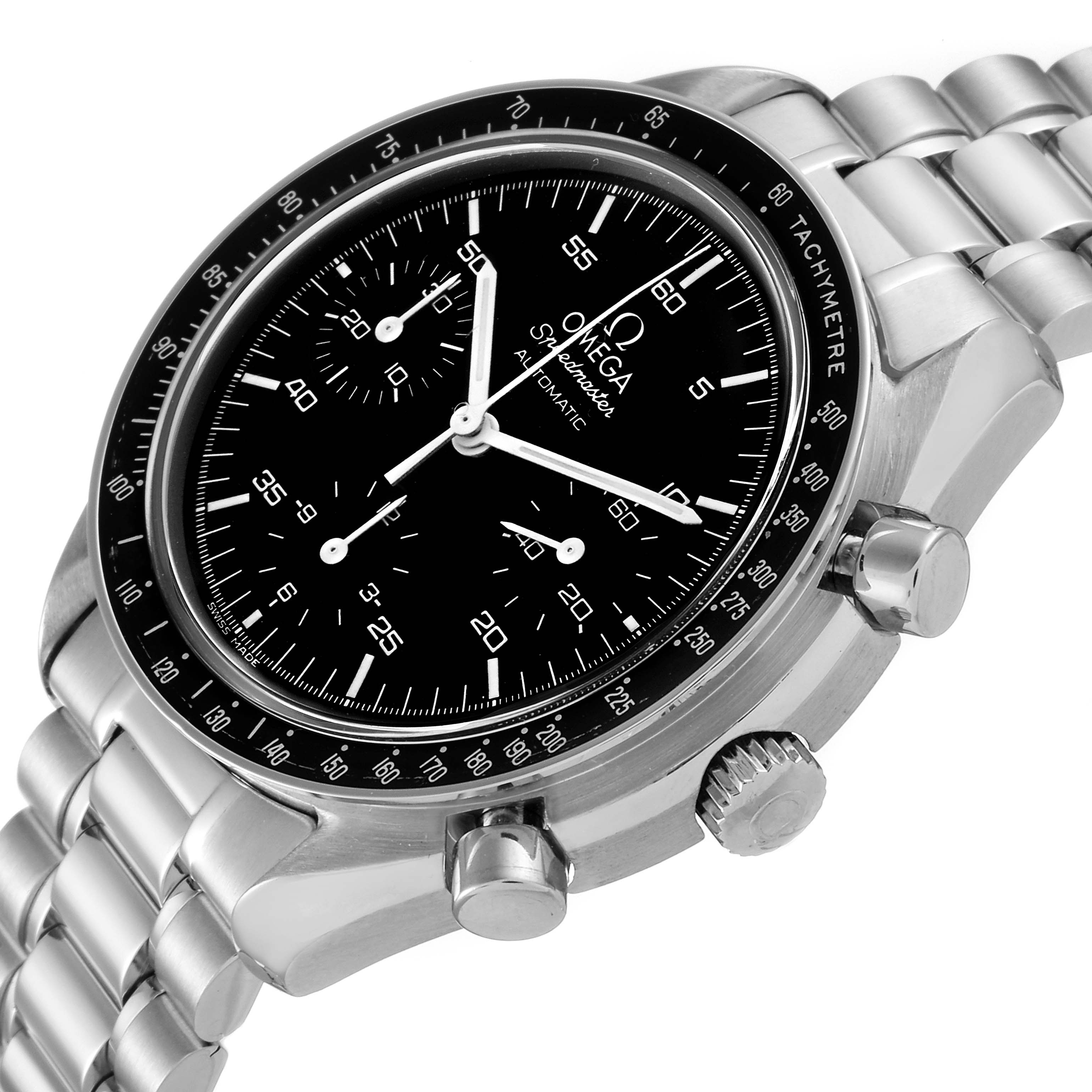 The Omega Speedmaster 3510.50.00 Men
s Stainless Steel Black Dial 3510.50.00 Men
s Stainless Steel Black Dial watch is shown at an angle, highlighting the face, crown, pushers, and metal bracelet.