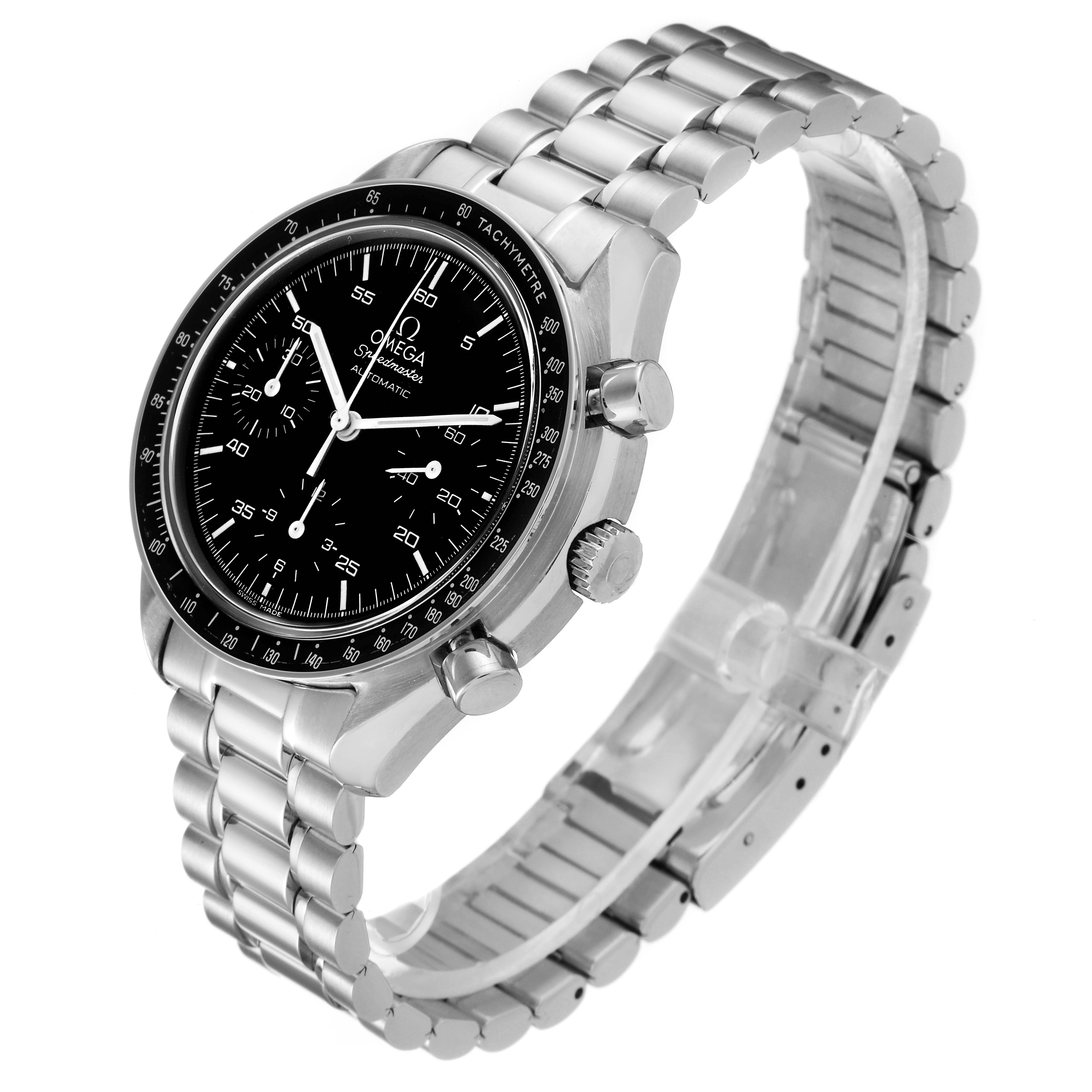 The image shows an Omega Speedmaster 3510.50.00 Men
s Stainless Steel Black Dial 3510.50.00 Men
s Stainless Steel Black Dial watch from a 3/4 angle, displaying the face, bezel, crown, pushers, and bracelet.