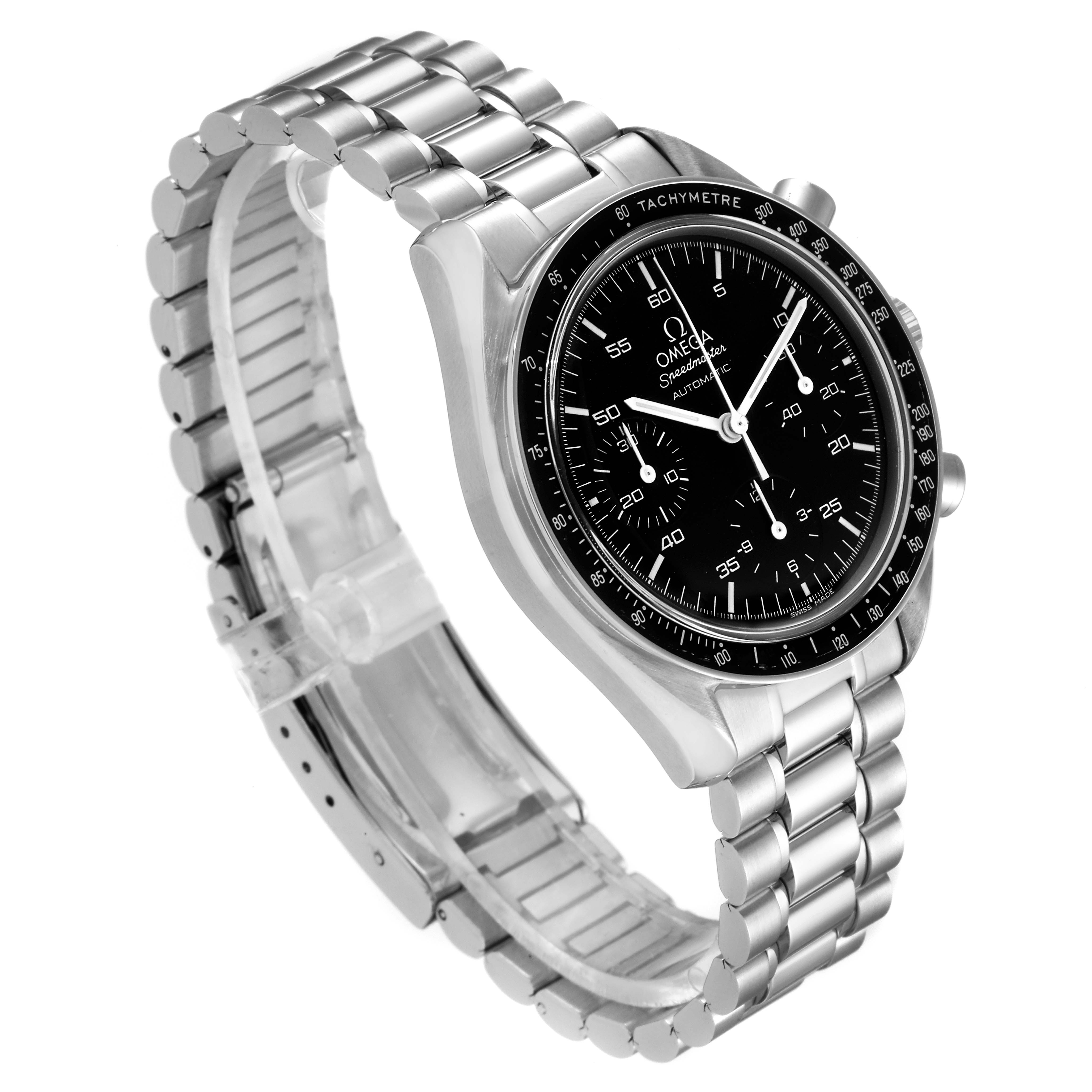 The image shows an Omega Speedmaster 3510.50.00 Men
s Stainless Steel Black Dial 3510.50.00 Men
s Stainless Steel Black Dial watch angled from the left, featuring the face and stainless steel bracelet.