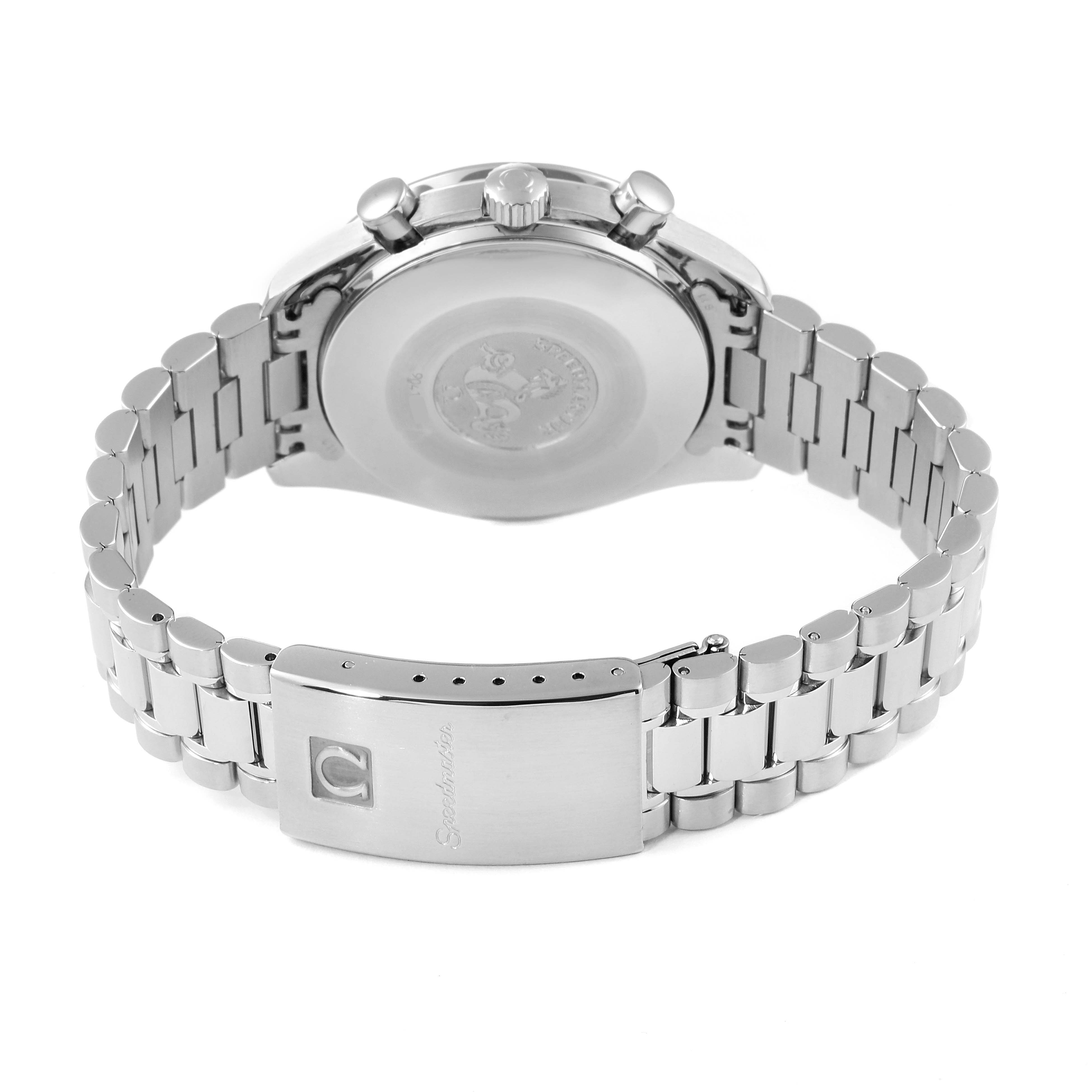 The image shows the back case and bracelet clasp of an Omega Speedmaster 3510.50.00 Men
s Stainless Steel Black Dial 3510.50.00 Men
s Stainless Steel Black Dial watch from a rear angle.