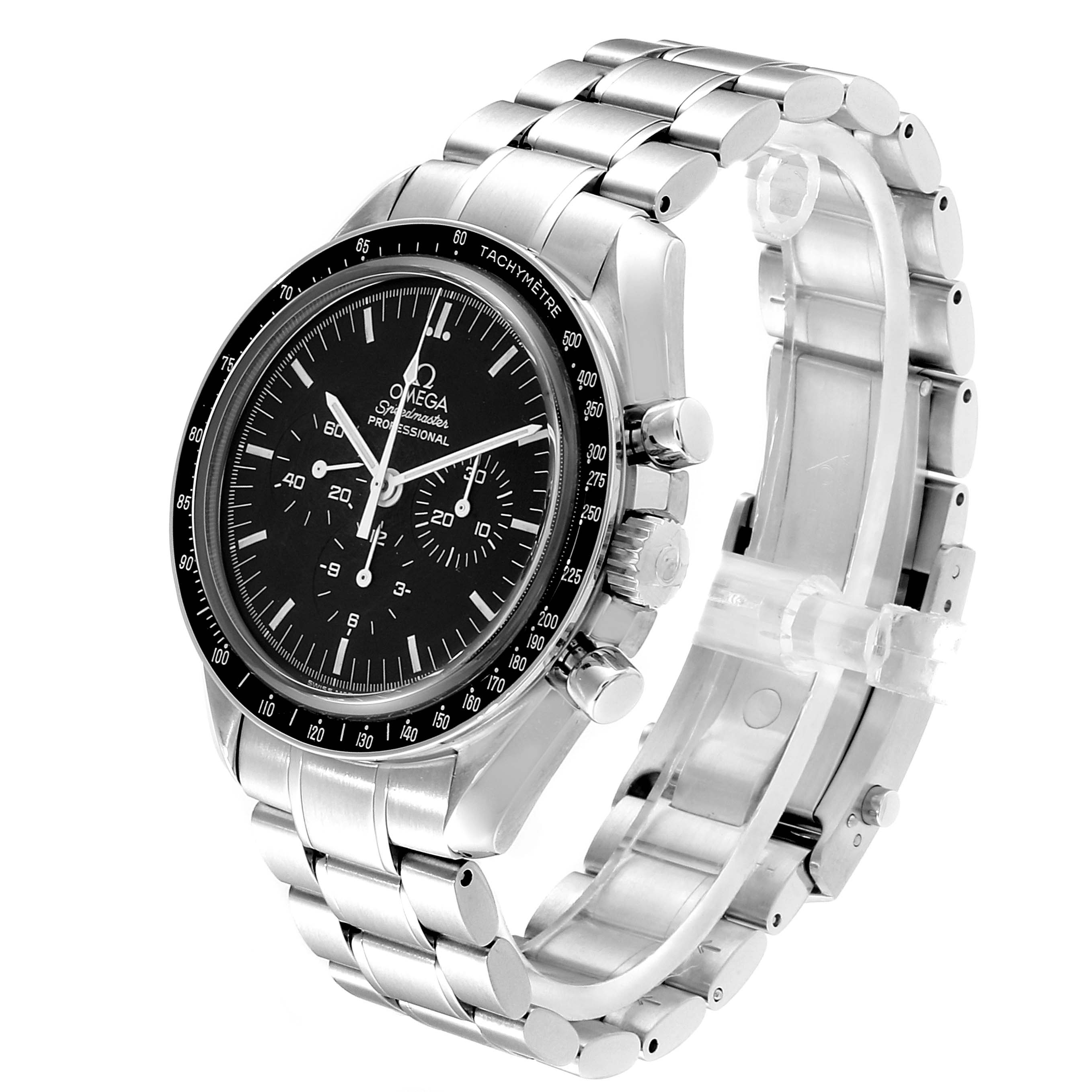 The image shows a silver Omega Speedmaster 3573.50.00 Men
s Stainless Steel Black Dial 3573.50.00 Men
s Stainless Steel Black Dial watch angled from the front-left, displaying the dial, bezel, and metal bracelet.