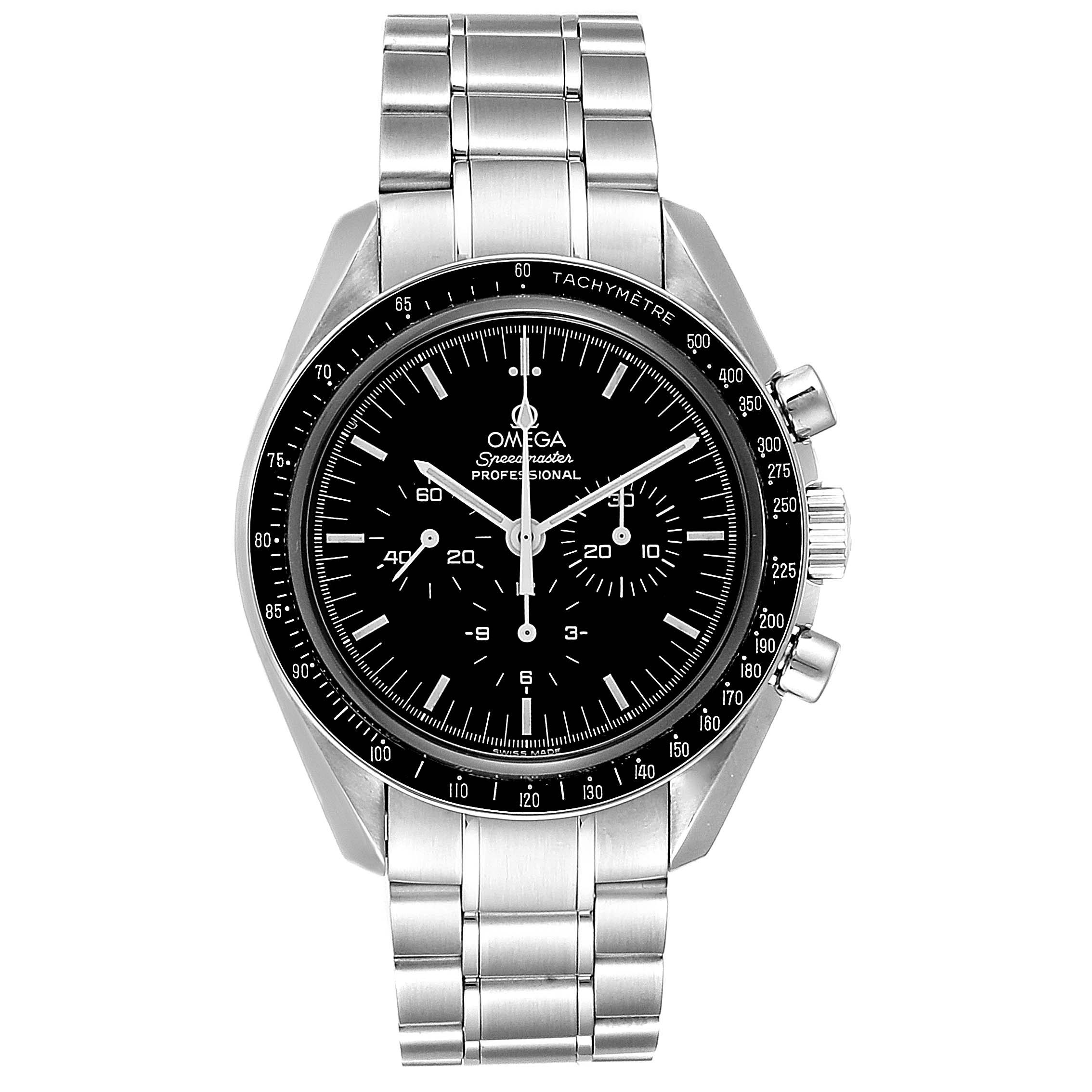 This image shows a front view of the Omega Speedmaster 3573.50.00 Men
s Stainless Steel Black Dial 3573.50.00 Men
s Stainless Steel Black Dial Professional watch, highlighting its dial, bezel, and stainless steel bracelet.