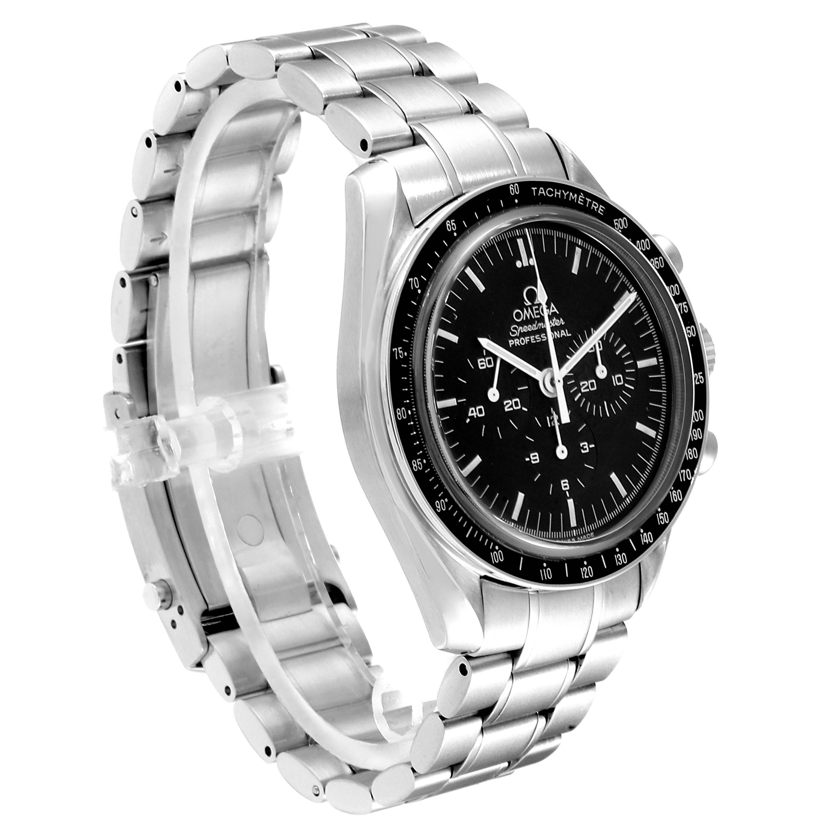 The image shows an angled view of the Omega Speedmaster 3573.50.00 Men
s Stainless Steel Black Dial 3573.50.00 Men
s Stainless Steel Black Dial watch, displaying its face, tachymeter bezel, and metal bracelet.