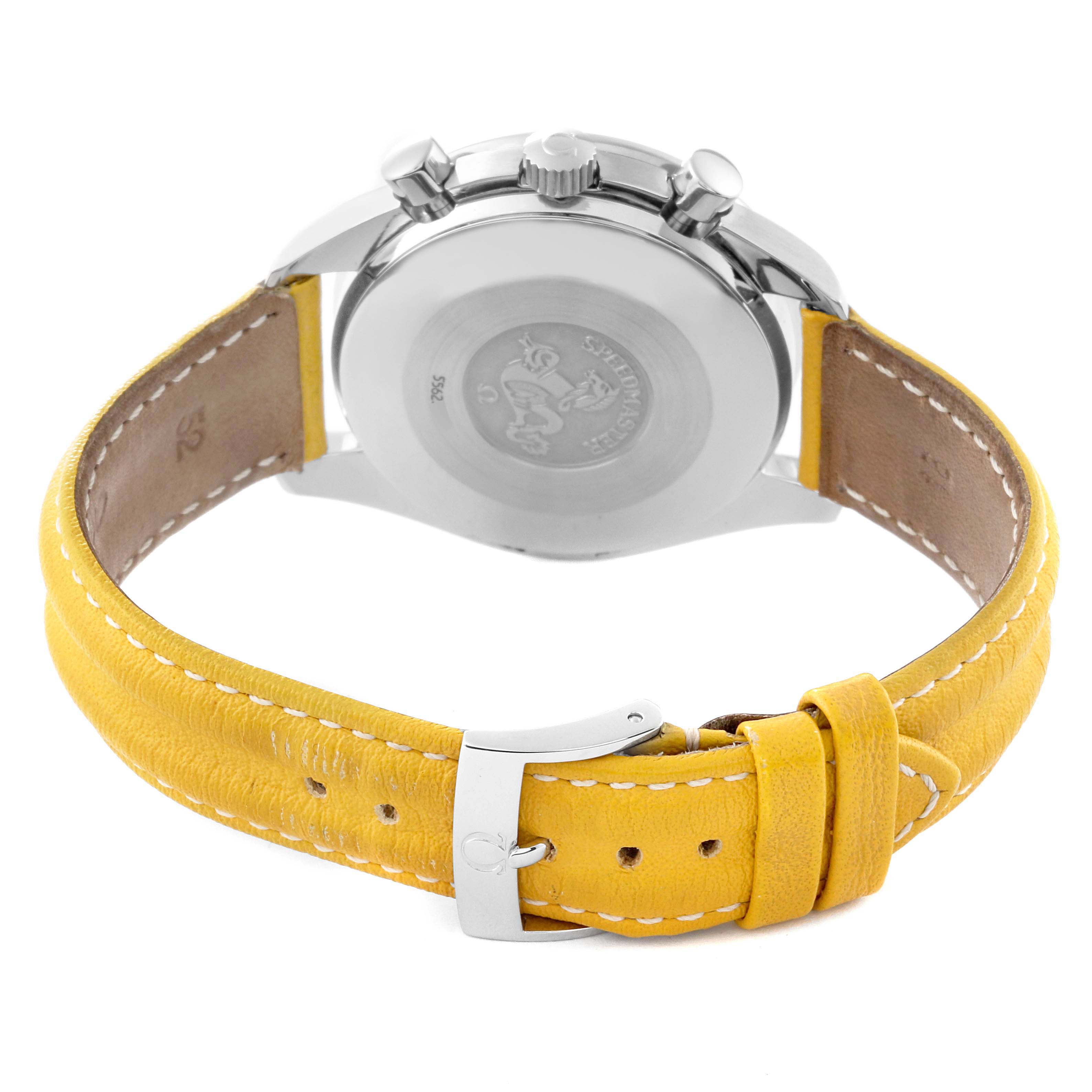 The image shows the back case and yellow leather strap of the Omega Speedmaster 3810.12.40 Men's Stainless Steel Yellow Dial 3810.12.40 Men's Stainless Steel Yellow Dial watch.