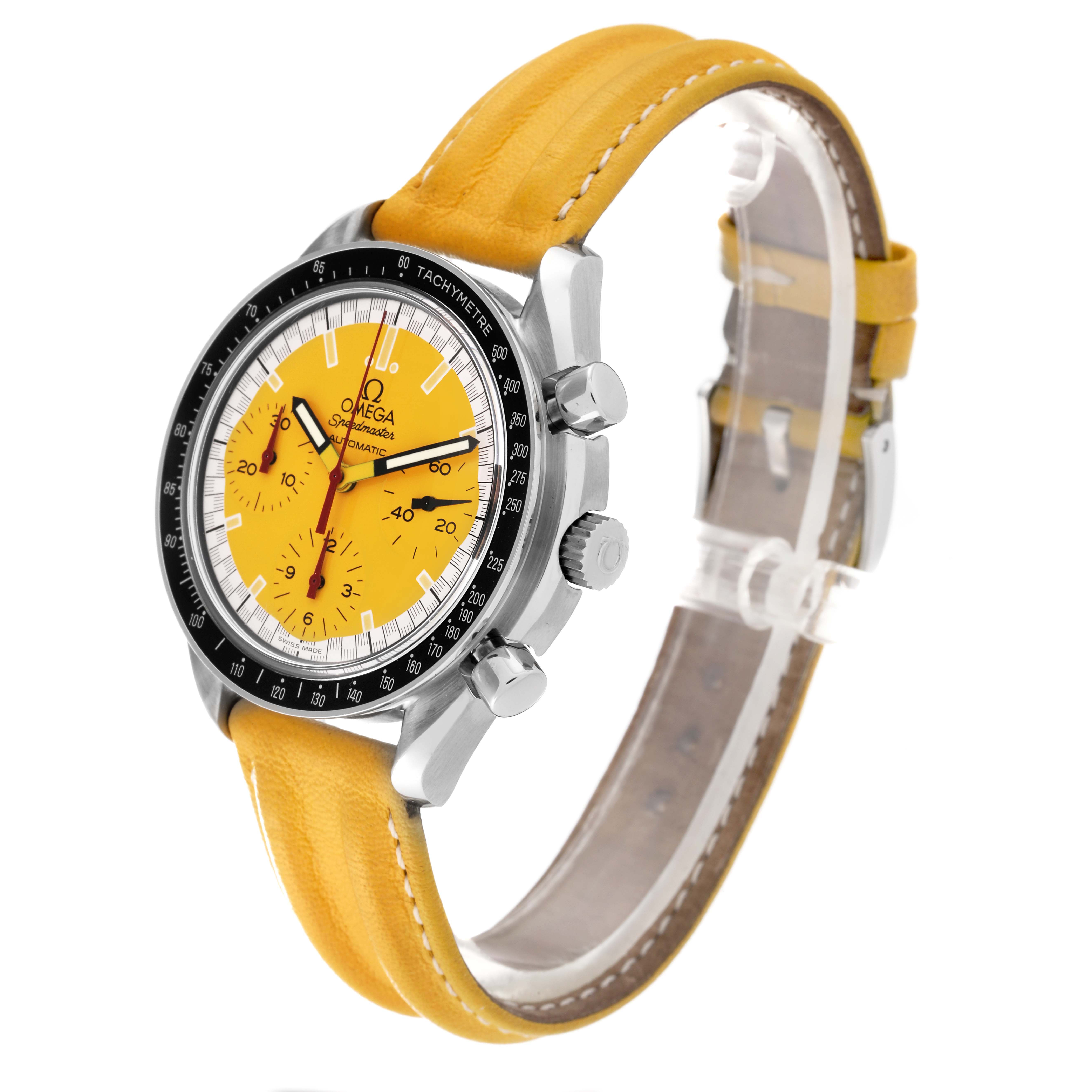 The Omega Speedmaster 3810.12.40 Men's Stainless Steel Yellow Dial 3810.12.40 Men's Stainless Steel Yellow Dial watch is shown at a side angle, highlighting its yellow strap, yellow dial, and tachymeter bezel.