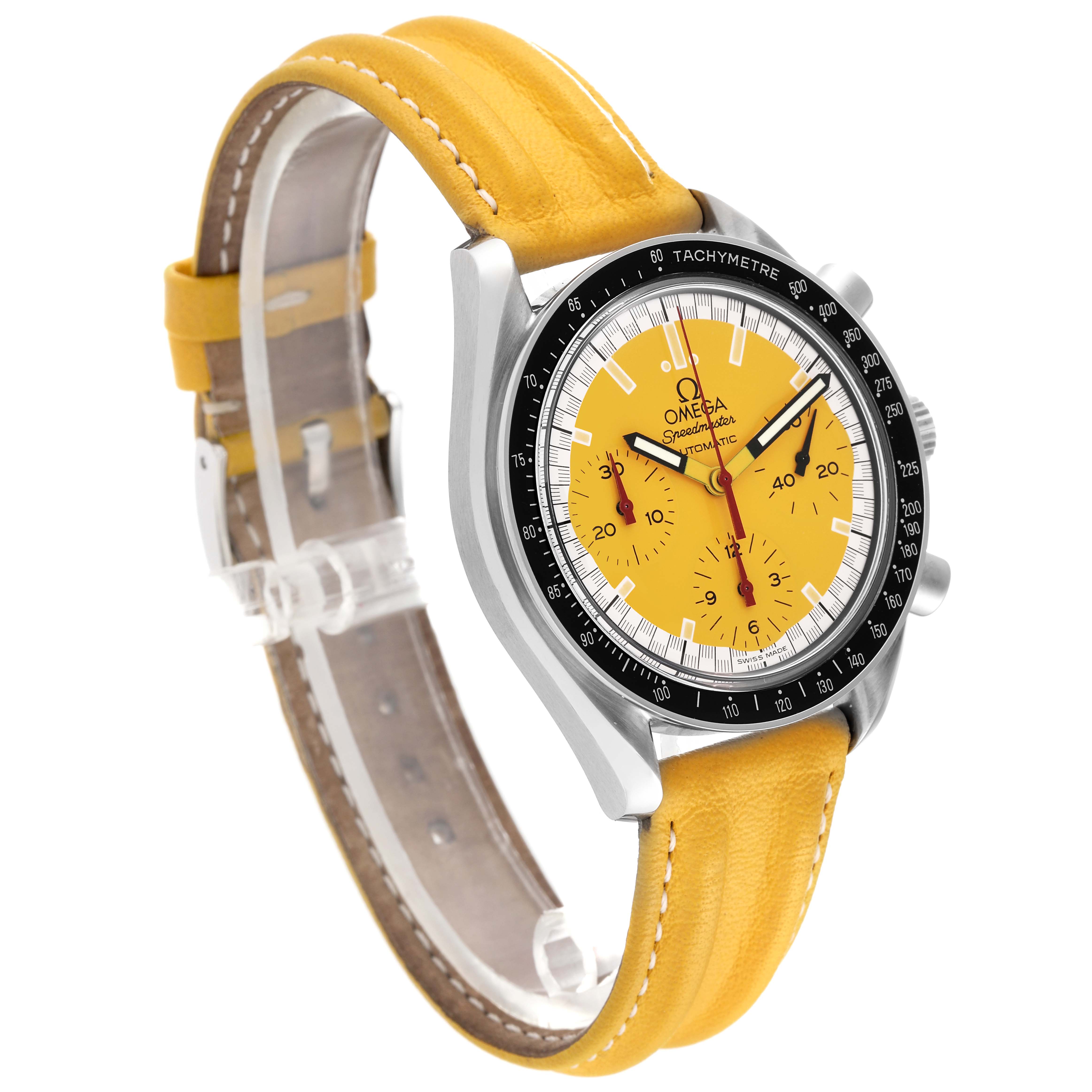 This image shows an Omega Speedmaster 3810.12.40 Men's Stainless Steel Yellow Dial 3810.12.40 Men's Stainless Steel Yellow Dial watch at a tilted angle, highlighting its yellow dial, bezel, and yellow leather strap.