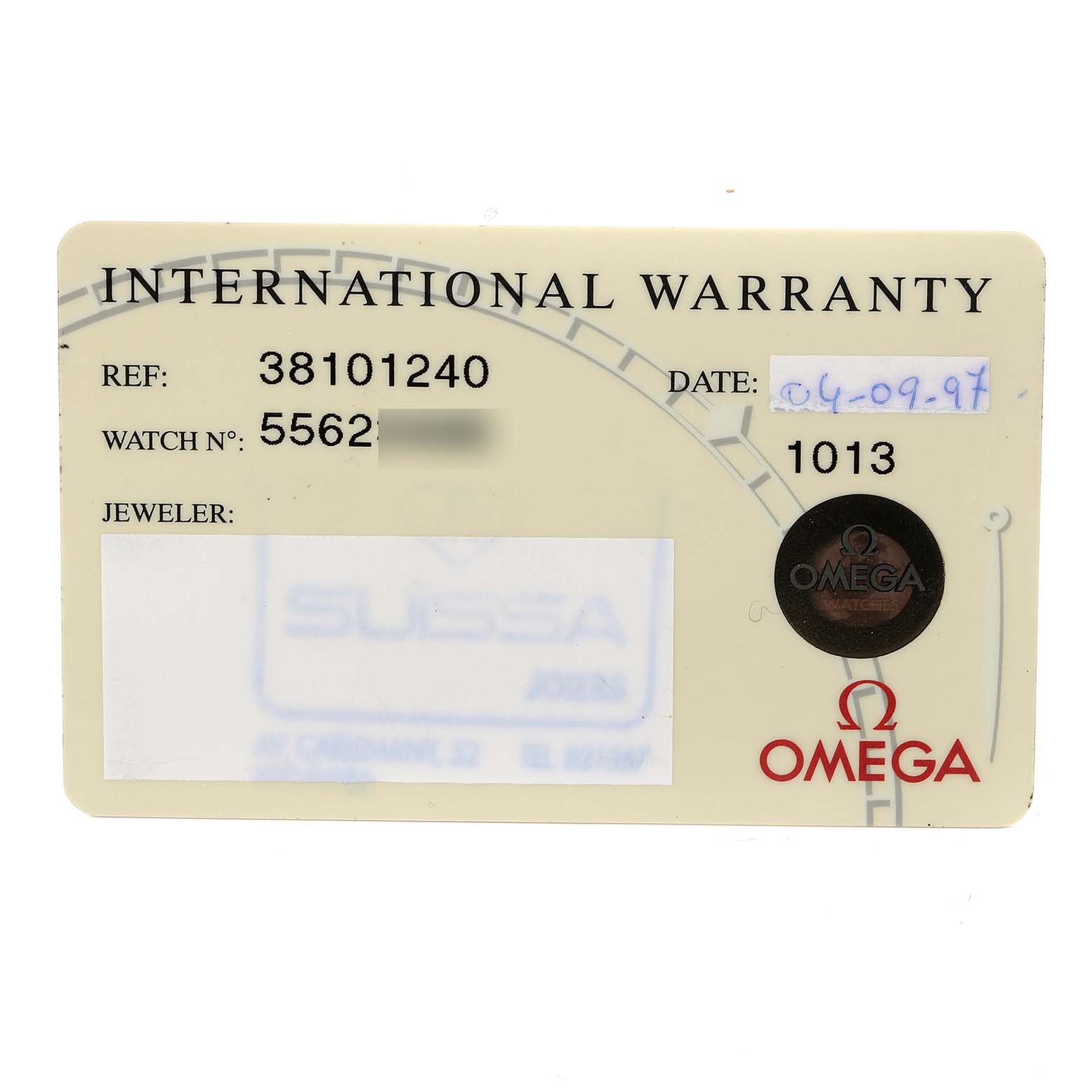 This image shows an Omega Speedmaster 3810.12.40 Men's Stainless Steel Yellow Dial 3810.12.40 Men's Stainless Steel Yellow Dial international warranty card displaying reference number, watch number, date, and jeweler.