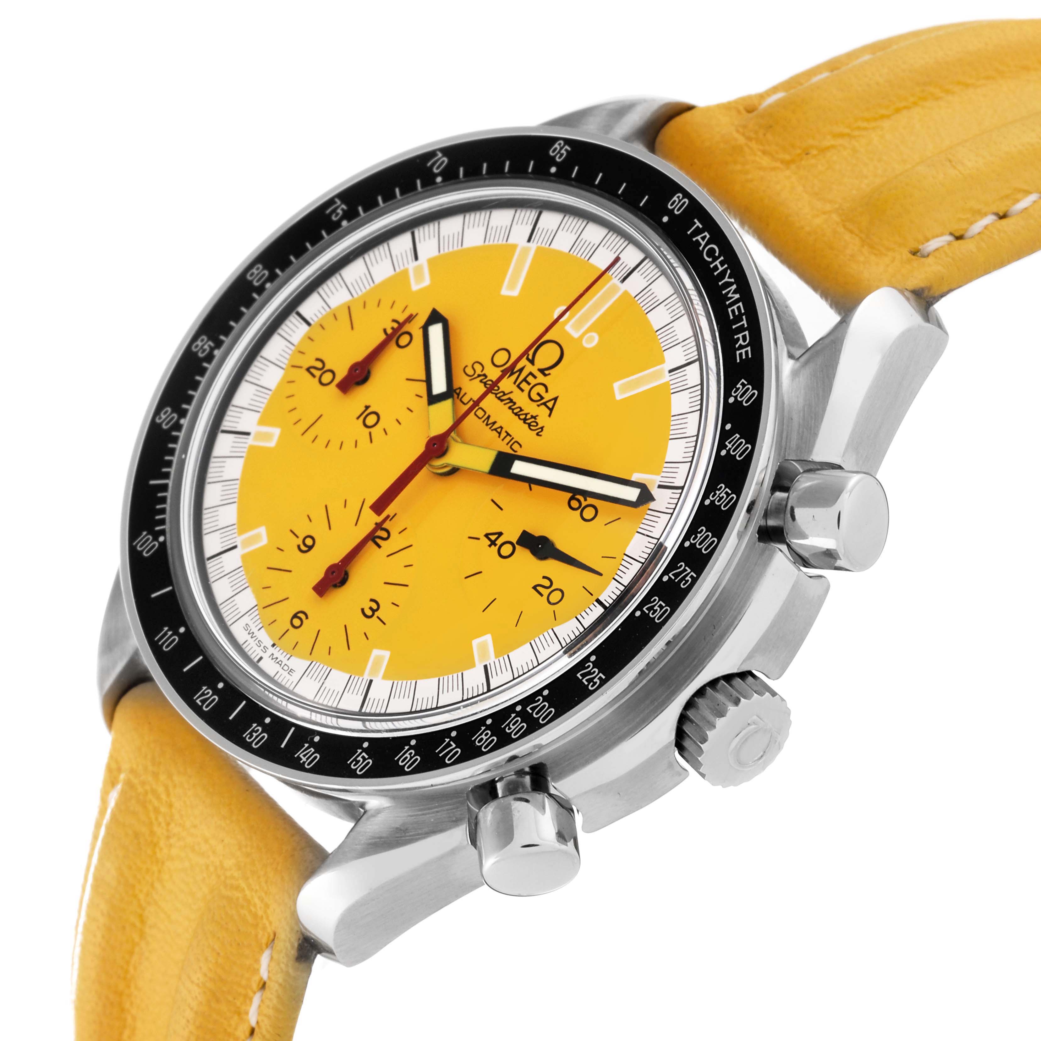 The image shows an angled view of the Omega Speedmaster 3810.12.40 Men's Stainless Steel Yellow Dial 3810.12.40 Men's Stainless Steel Yellow Dial watch, highlighting its yellow dial, black bezel, and yellow strap.