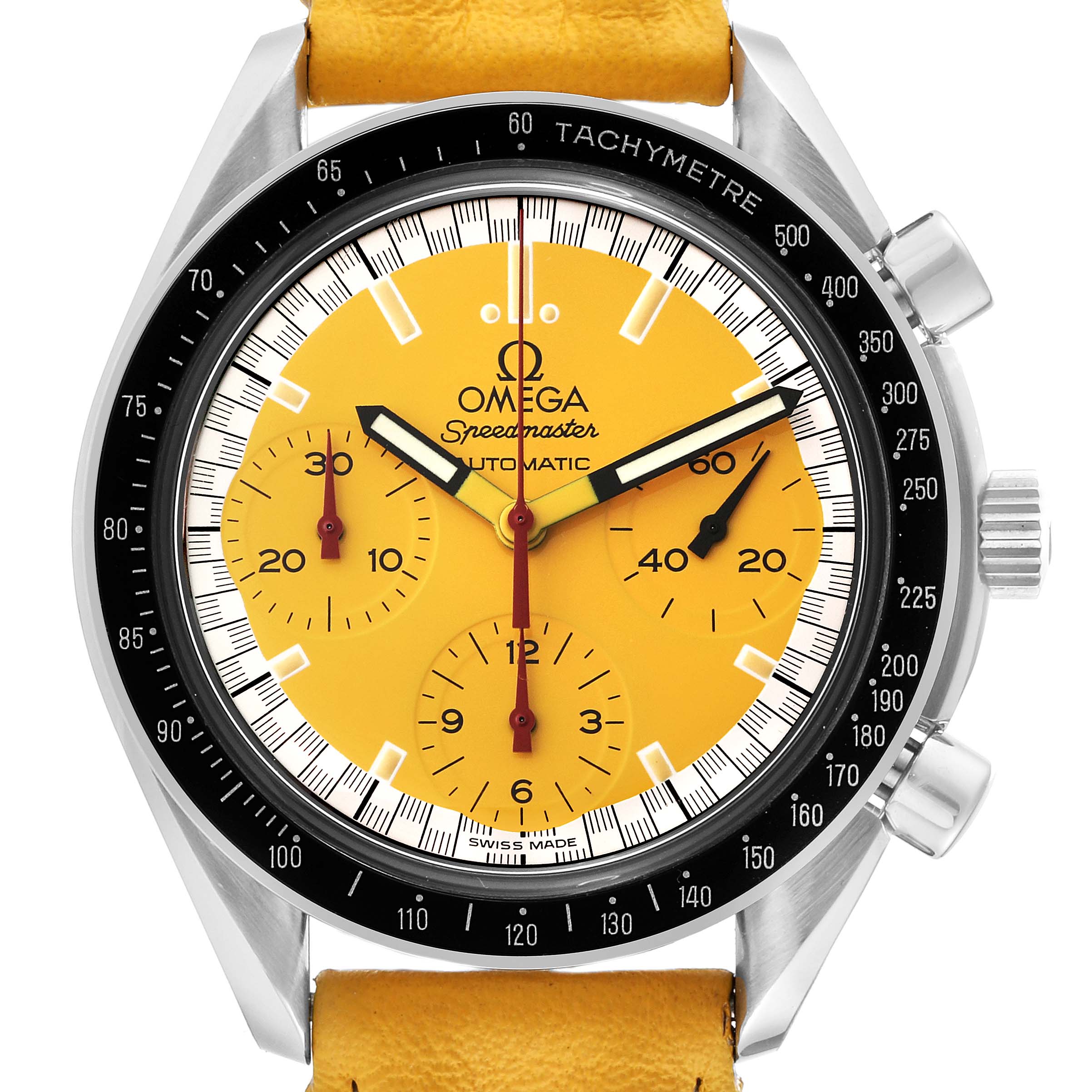 The image shows a frontal view of an Omega Speedmaster 3810.12.40 Men's Stainless Steel Yellow Dial 3810.12.40 Men's Stainless Steel Yellow Dial watch with a yellow dial and tachymetre bezel.