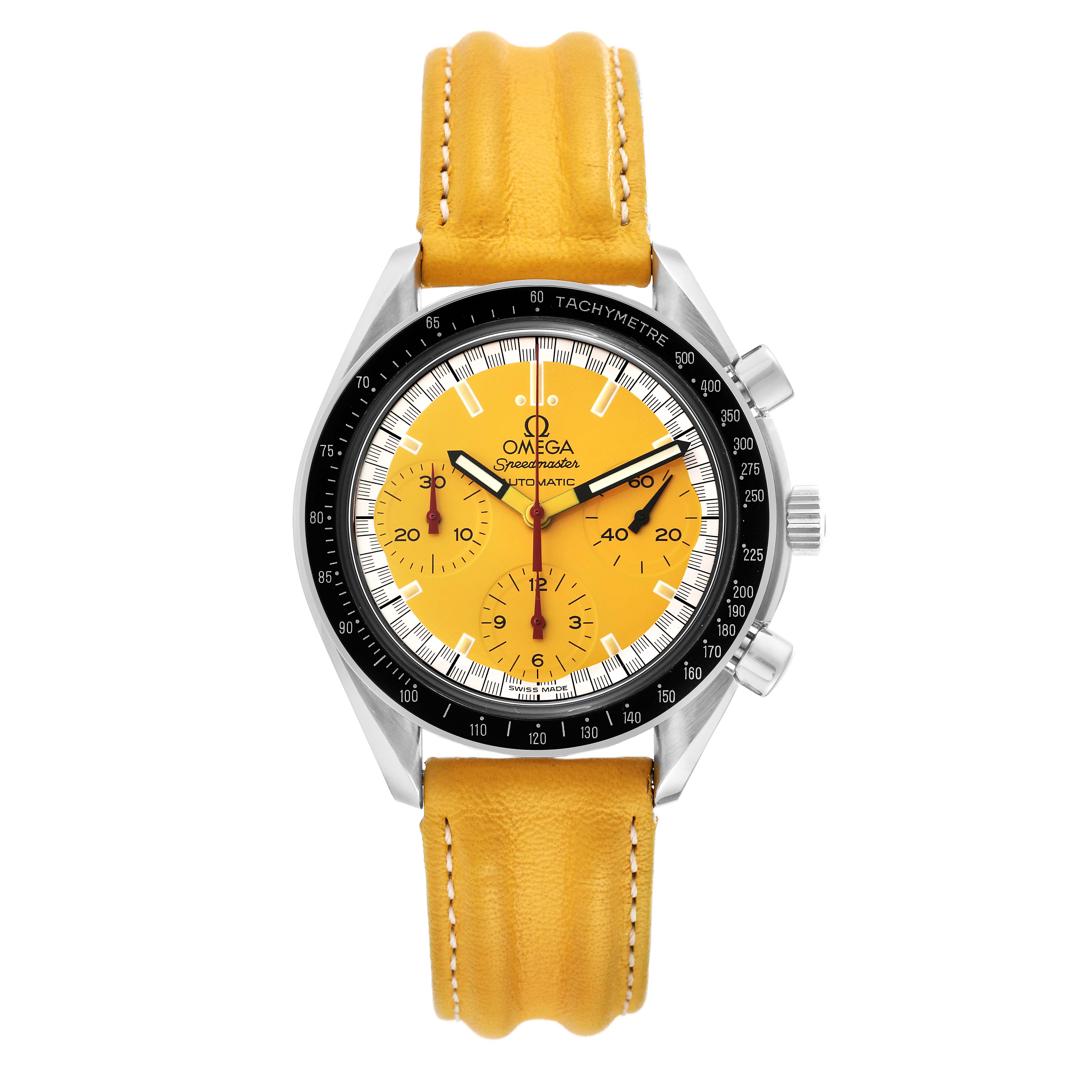 The image shows a front view of an Omega Speedmaster 3810.12.40 Men's Stainless Steel Yellow Dial 3810.12.40 Men's Stainless Steel Yellow Dial watch with a yellow dial and strap.