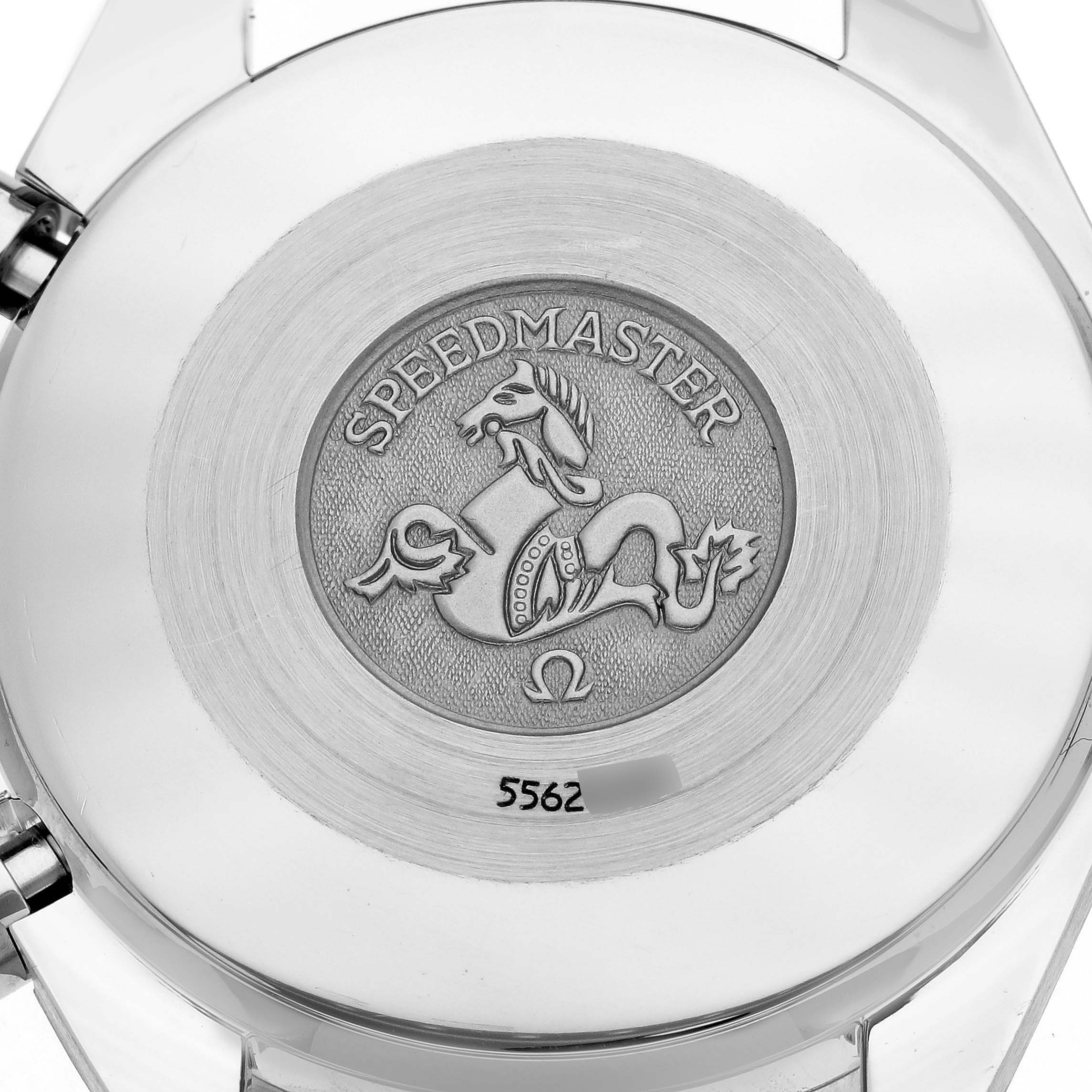 The image shows the engraved case back of an Omega Speedmaster 3810.12.40 Men's Stainless Steel Yellow Dial 3810.12.40 Men's Stainless Steel Yellow Dial watch, displaying the model's logo.