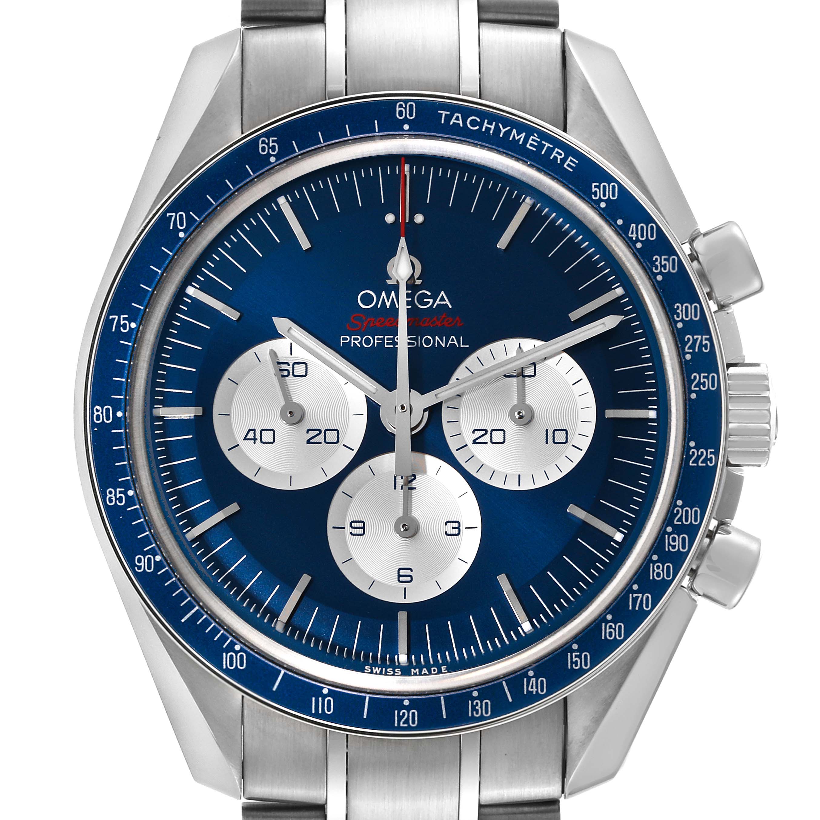 The image shows a front view of the Omega Speedmaster 522.30.42.30.03.001 Men's Stainless Steel Blue Dial 522.30.42.30.03.001 Men's Stainless Steel Blue Dial watch, highlighting the dial, subdials, and tachymeter.