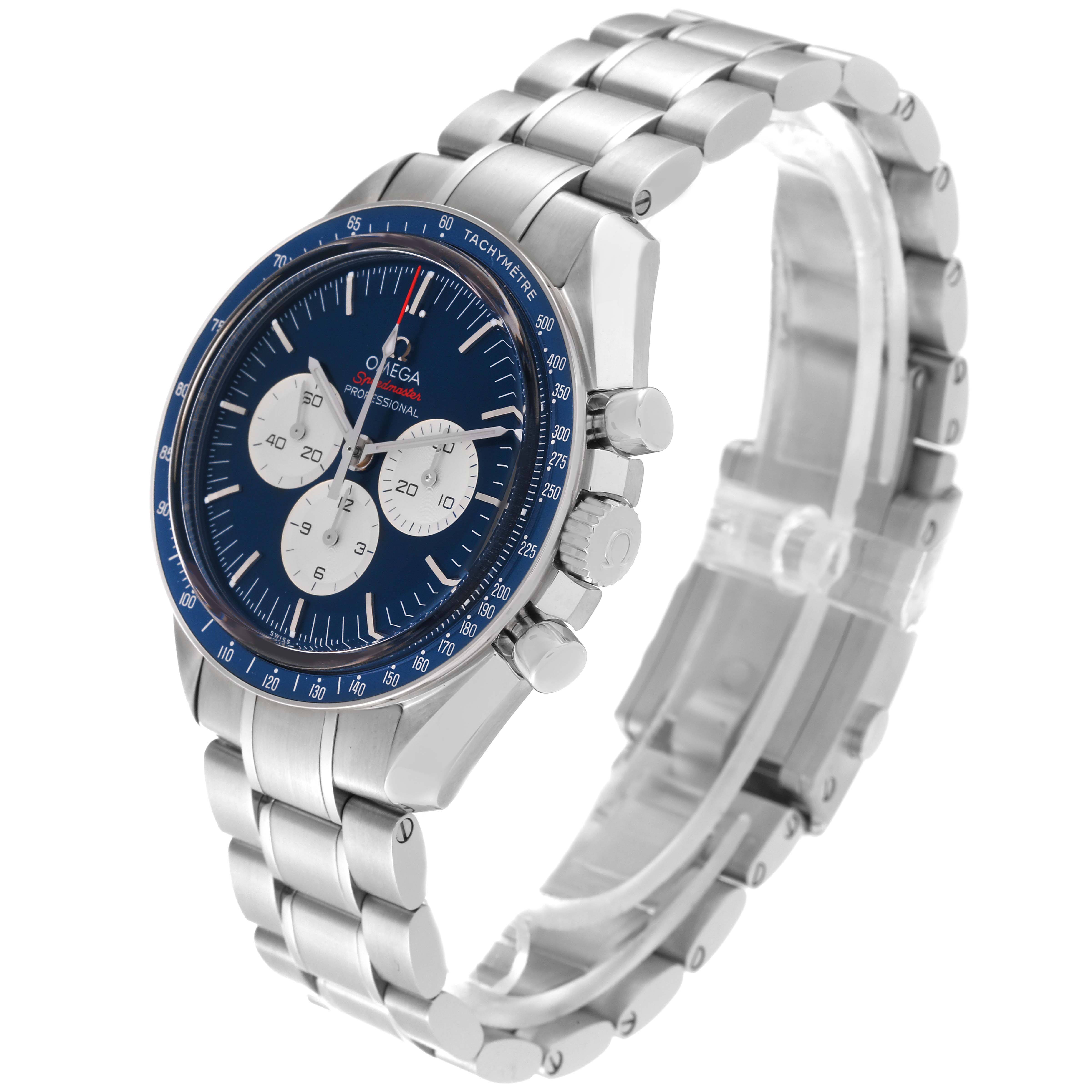 This image shows an angled side view of an Omega Speedmaster 522.30.42.30.03.001 Men's Stainless Steel Blue Dial 522.30.42.30.03.001 Men's Stainless Steel Blue Dial watch, highlighting its face, tachymeter bezel, and metal bracelet.