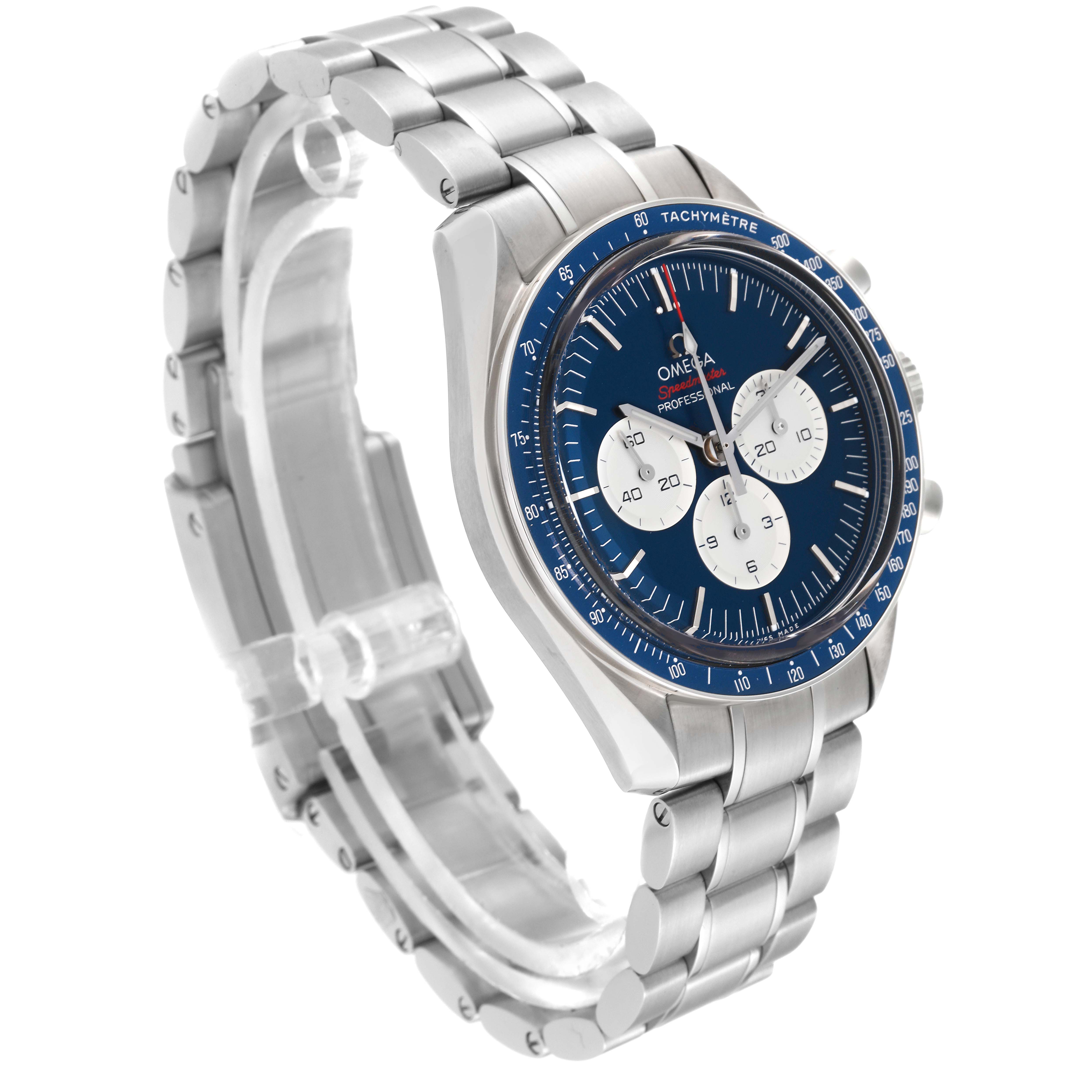 The Omega Speedmaster 522.30.42.30.03.001 Men's Stainless Steel Blue Dial 522.30.42.30.03.001 Men's Stainless Steel Blue Dial watch is shown at a three-quarter angle, displaying the face, bezel, and stainless steel bracelet.