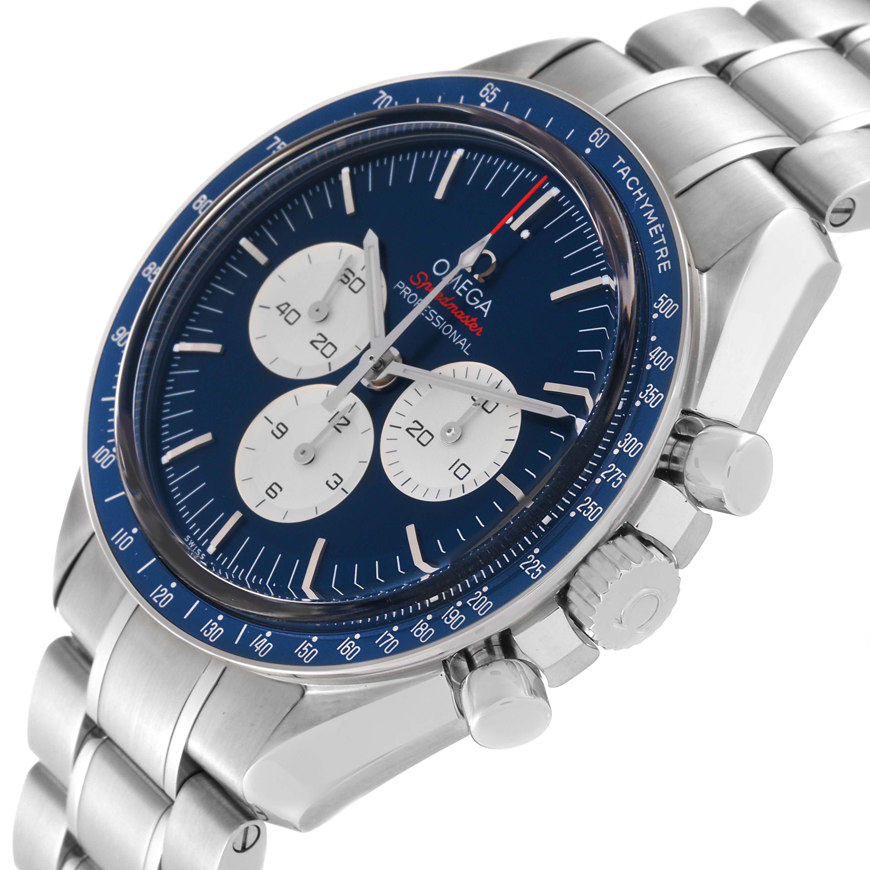 The image shows an angled side view of the Omega Speedmaster 522.30.42.30.03.001 Men's Stainless Steel Blue Dial 522.30.42.30.03.001 Men's Stainless Steel Blue Dial watch, highlighting its face, bezel, crown, and bracelet.