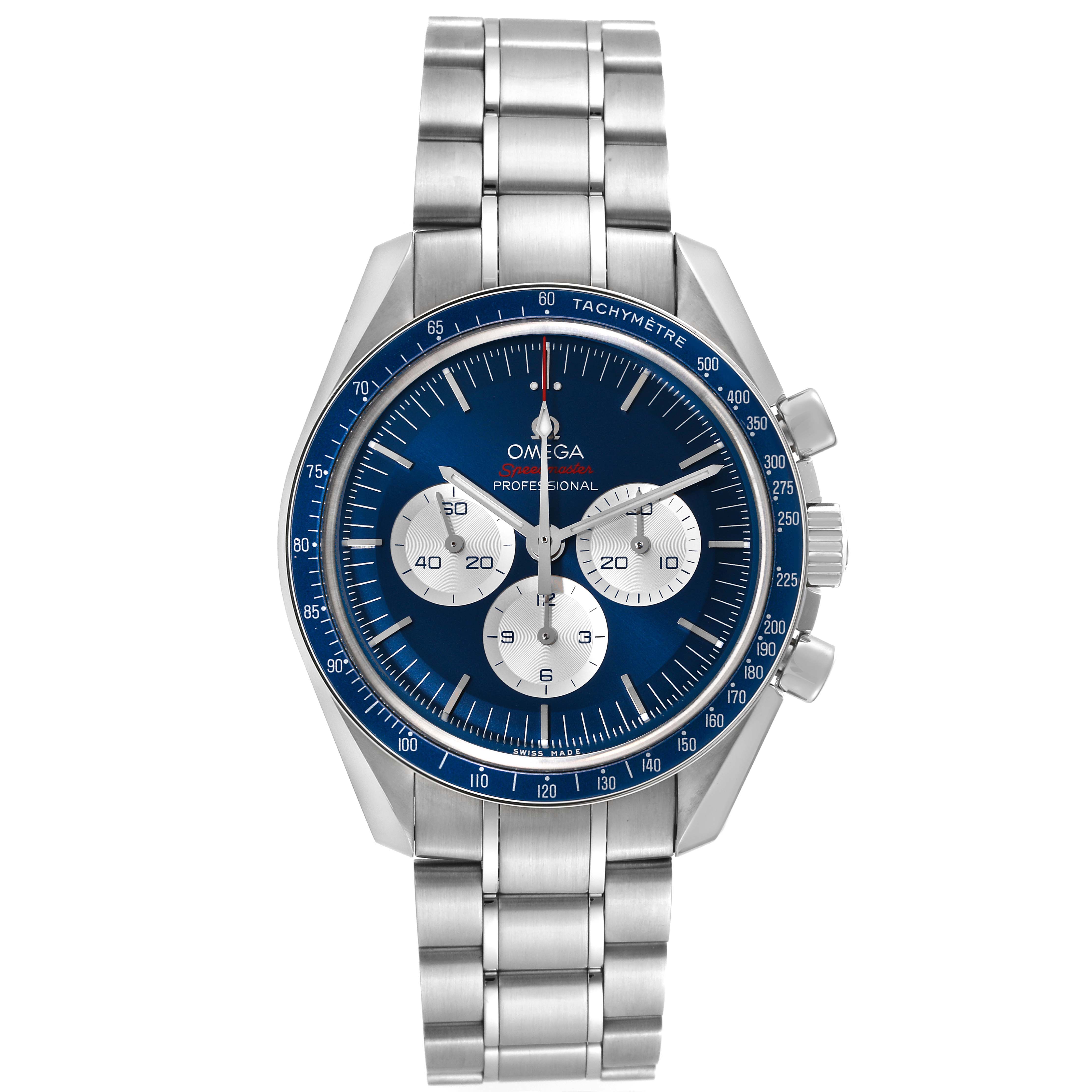 The image shows a frontal view of an Omega Speedmaster 522.30.42.30.03.001 Men's Stainless Steel Blue Dial 522.30.42.30.03.001 Men's Stainless Steel Blue Dial watch, showcasing its dial, three subdials, and metal bracelet.
