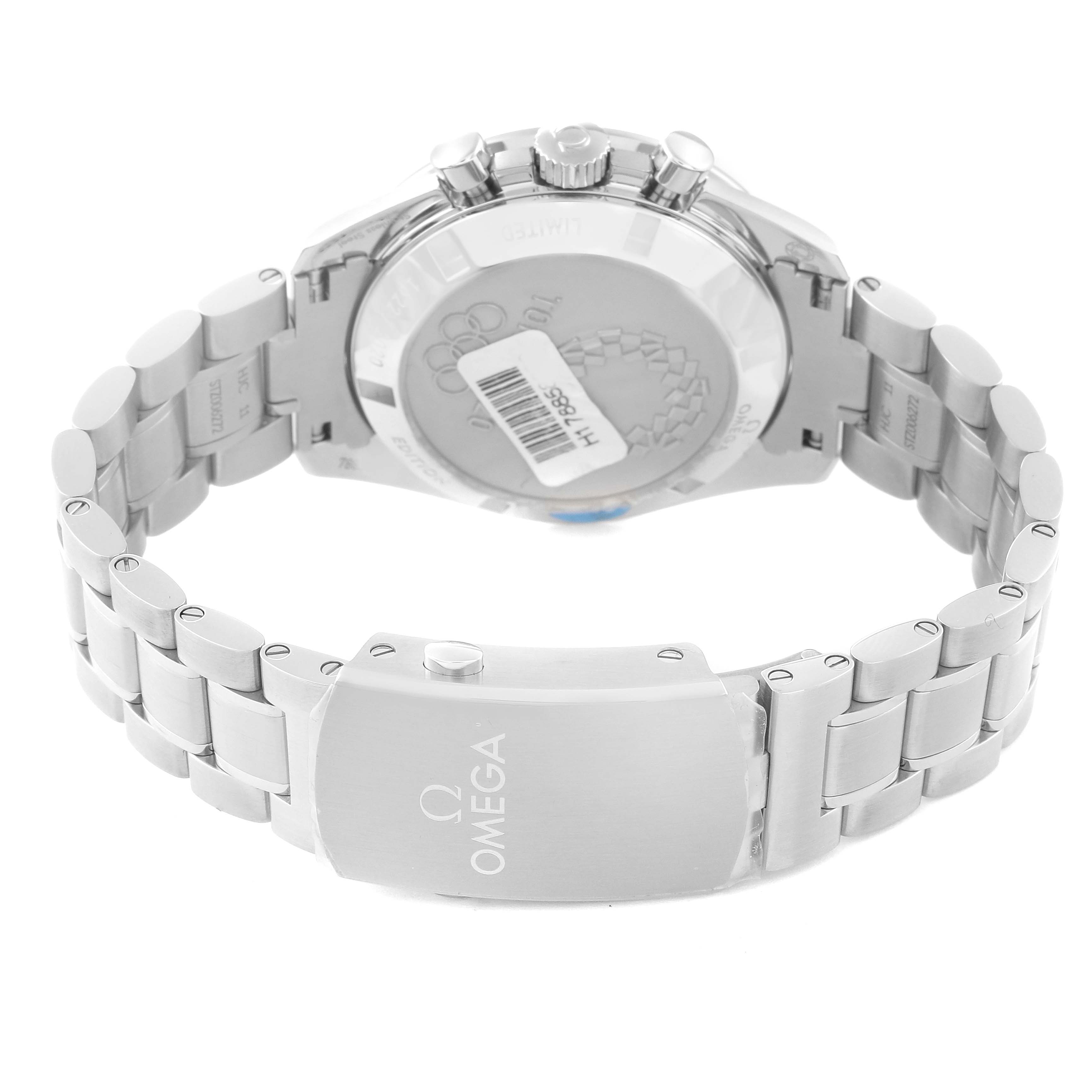 The image shows the back and partially the bracelet of an Omega Speedmaster 522.30.42.30.03.001 Men's Stainless Steel Blue Dial 522.30.42.30.03.001 Men's Stainless Steel Blue Dial watch, featuring the clasp and case back.