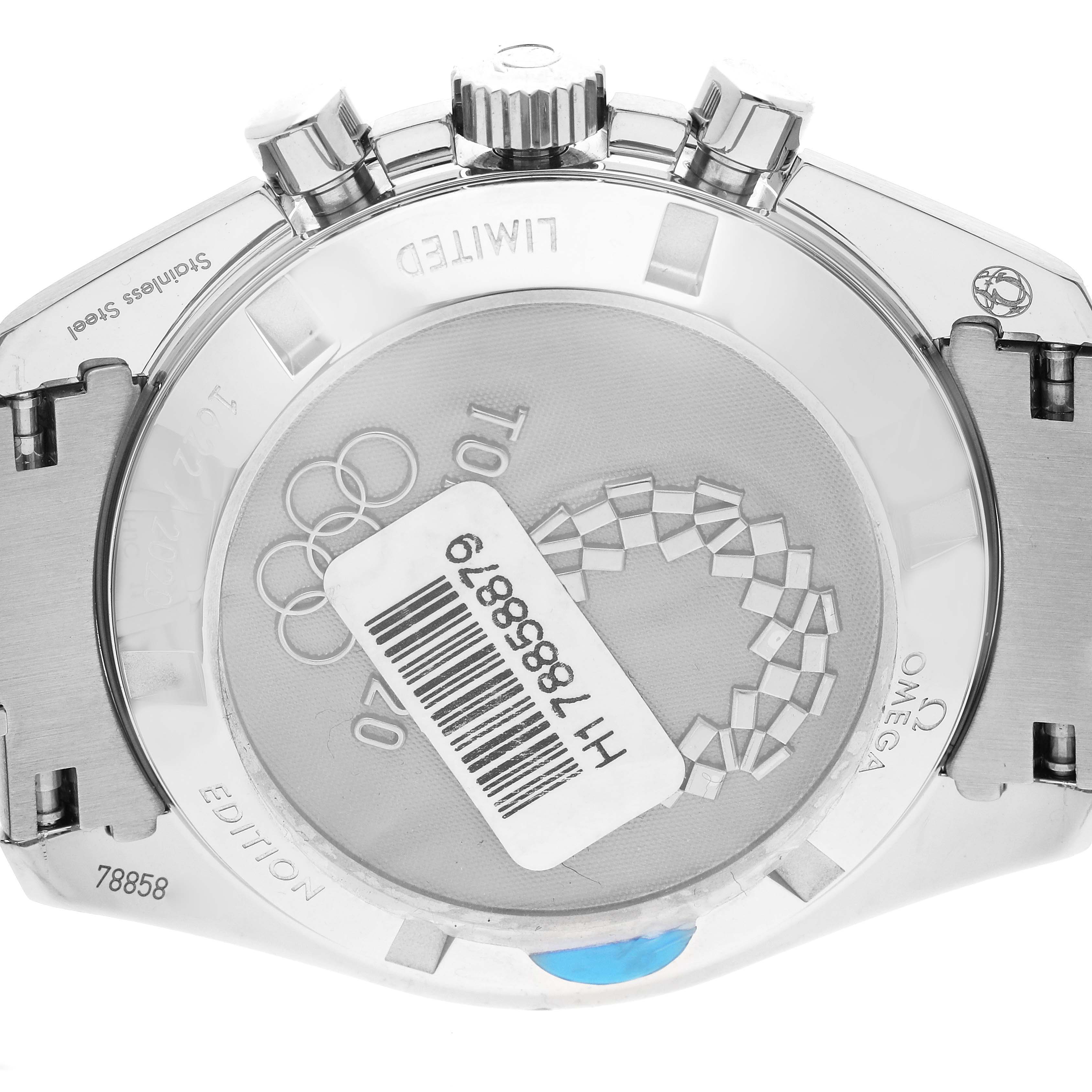 The image shows the case back and part of the bracelet of an Omega Speedmaster 522.30.42.30.03.001 Men's Stainless Steel Blue Dial 522.30.42.30.03.001 Men's Stainless Steel Blue Dial watch from a slightly angled rear view.