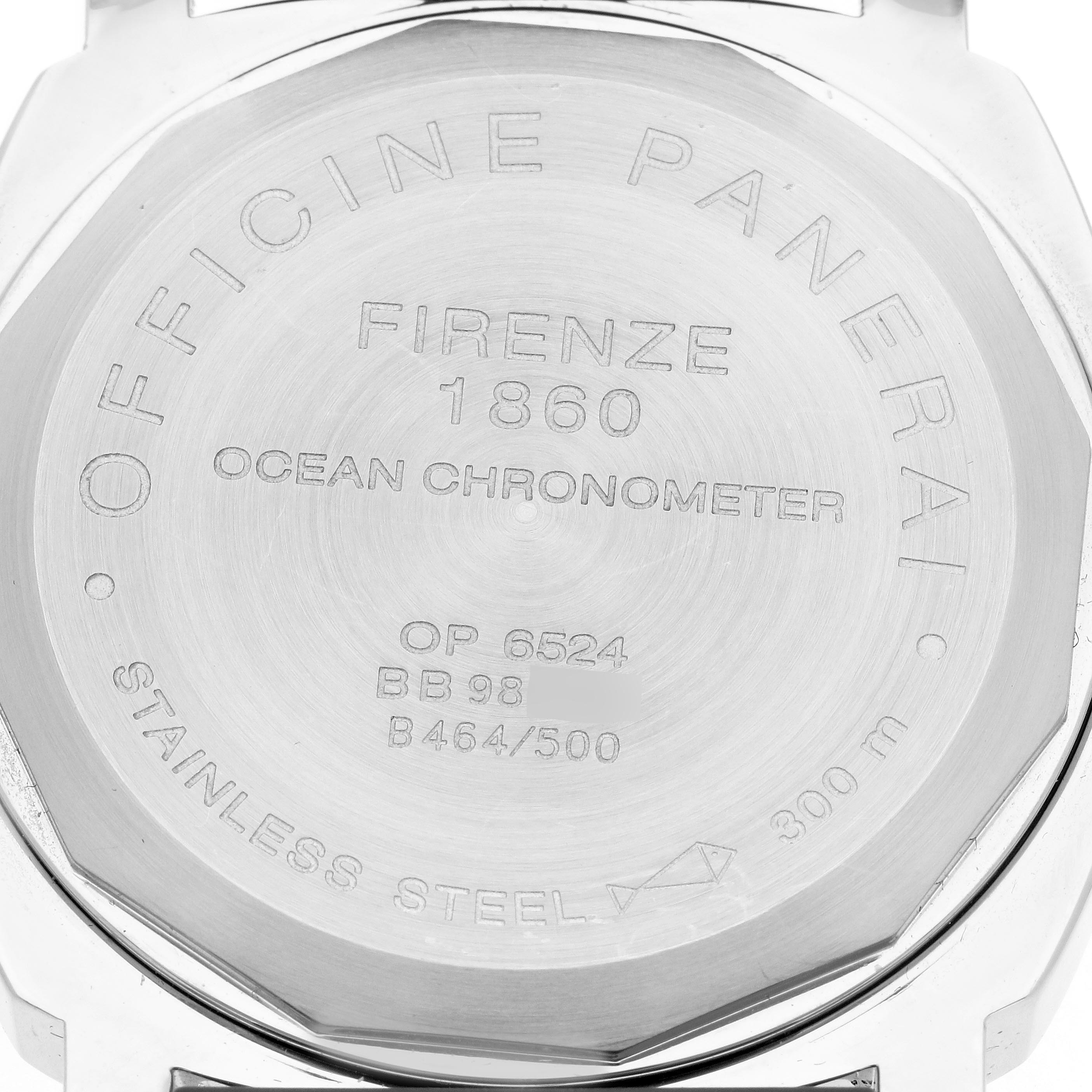 The image shows the back case of a Panerai Luminor PAM00029 Men's Stainless Steel Black Dial PAM00029 Men's Stainless Steel Black Dial watch, displaying engravings and specifications.