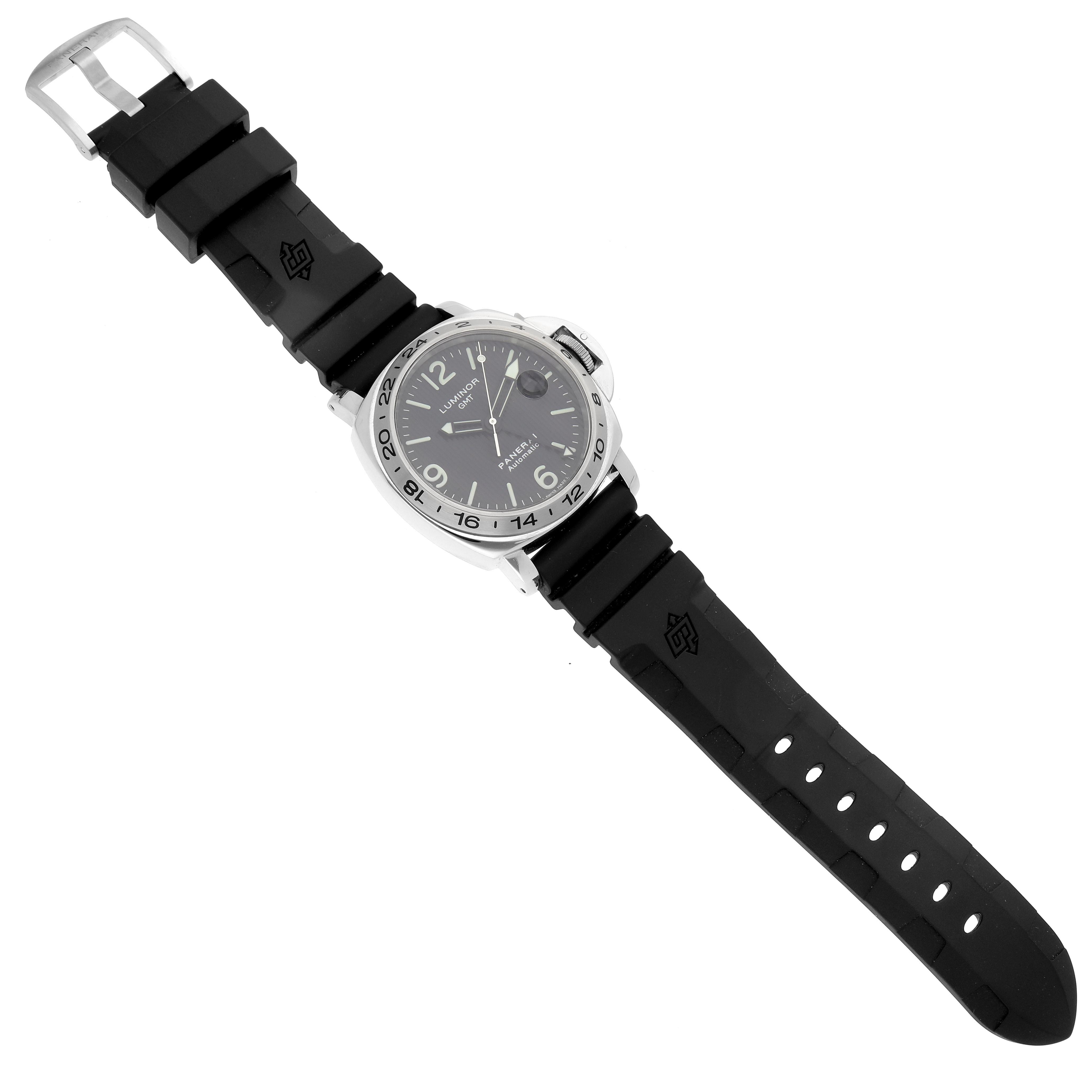 The image shows a top-down view of a Panerai Luminor PAM00029 Men's Stainless Steel Black Dial PAM00029 Men's Stainless Steel Black Dial watch, featuring its face, bezel, and black rubber strap.