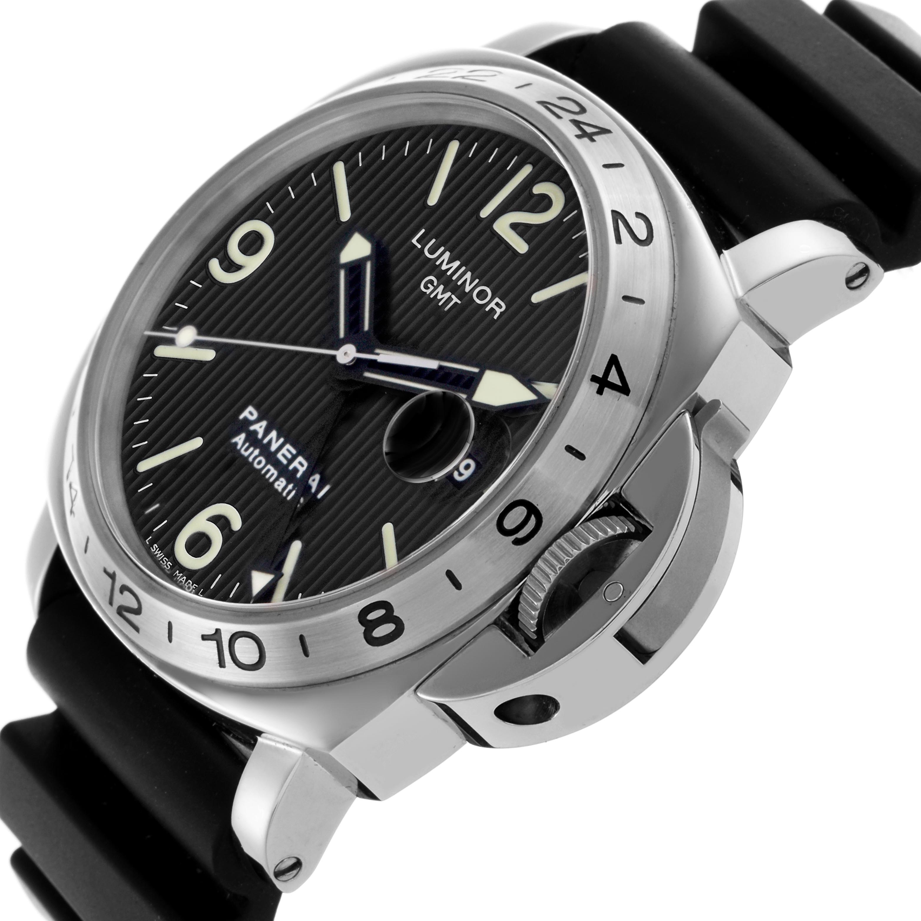 The Panerai Luminor PAM00029 Men's Stainless Steel Black Dial PAM00029 Men's Stainless Steel Black Dial watch is shown at an angled side view, displaying its face, bezel, crown guard, and strap.