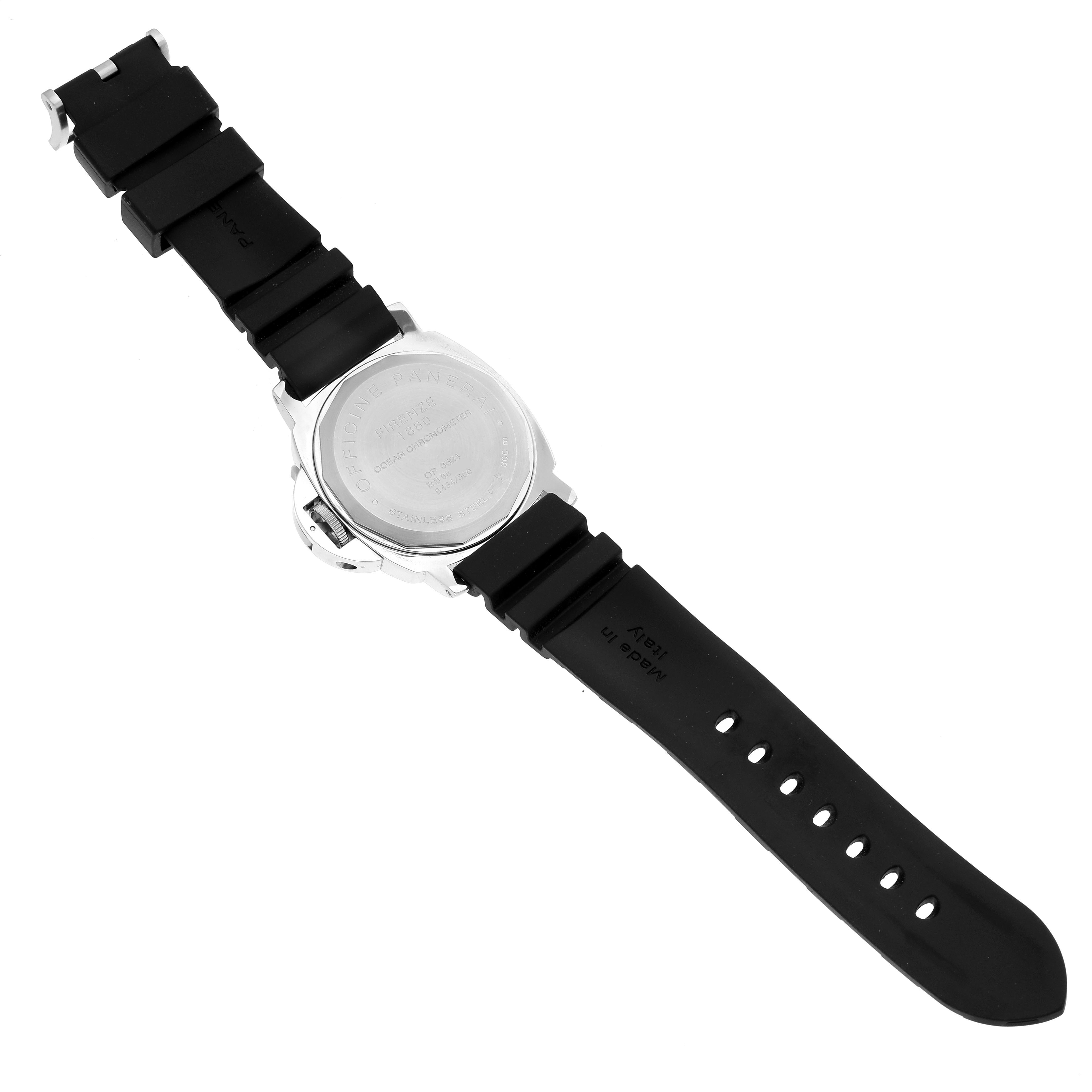 The image shows the back view of a Panerai Luminor PAM00029 Men's Stainless Steel Black Dial PAM00029 Men's Stainless Steel Black Dial watch, highlighting the case back and black rubber strap.