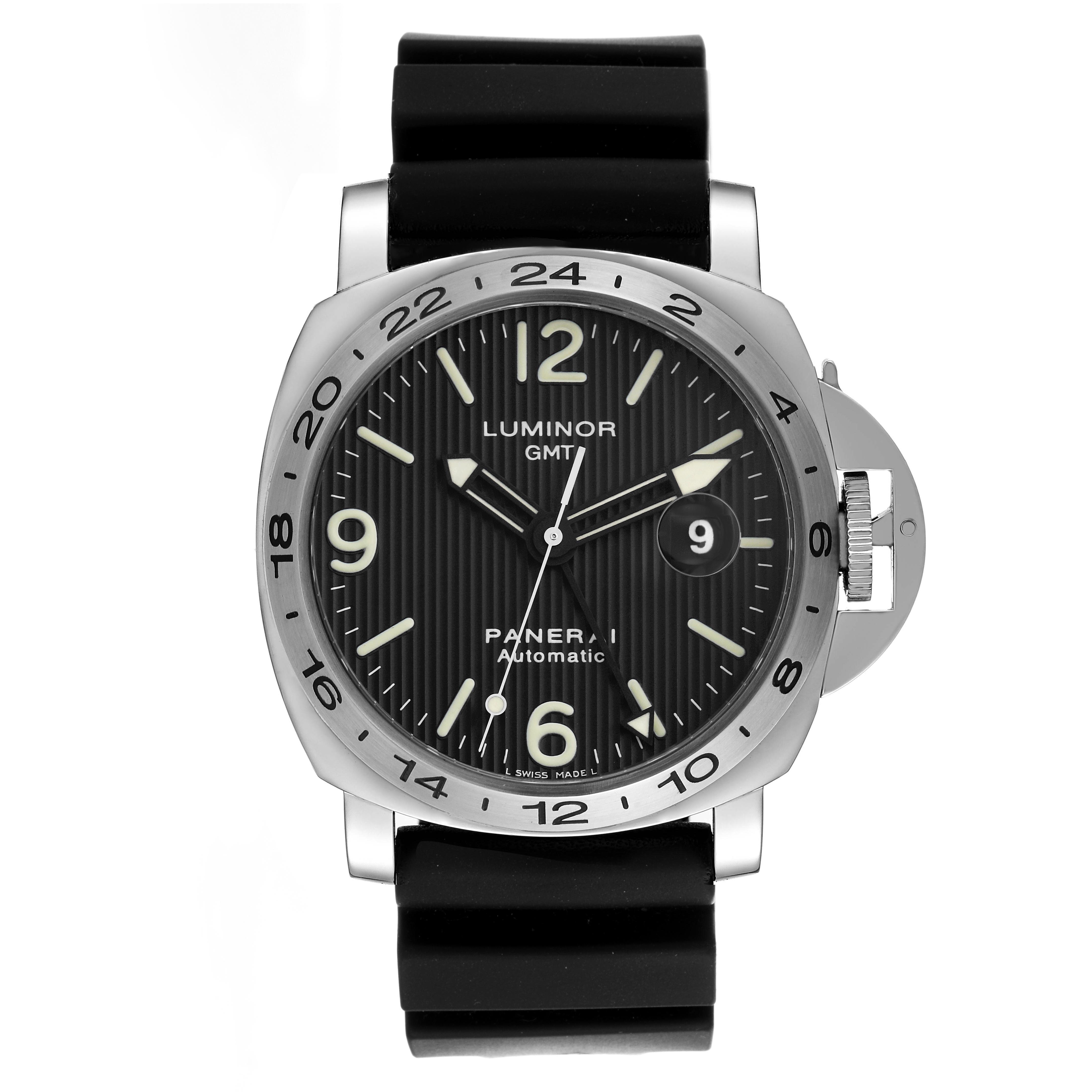 The Panerai Luminor PAM00029 Men's Stainless Steel Black Dial PAM00029 Men's Stainless Steel Black Dial watch is shown from the front, displaying the dial, bezel, and crown guard.