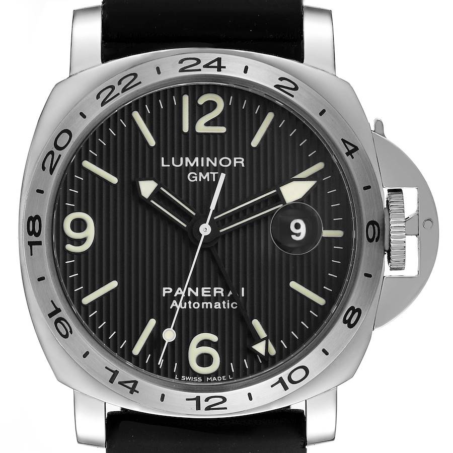 The image shows a front view of the Panerai Luminor watch, displaying the dial, hands, date, and crown protector.