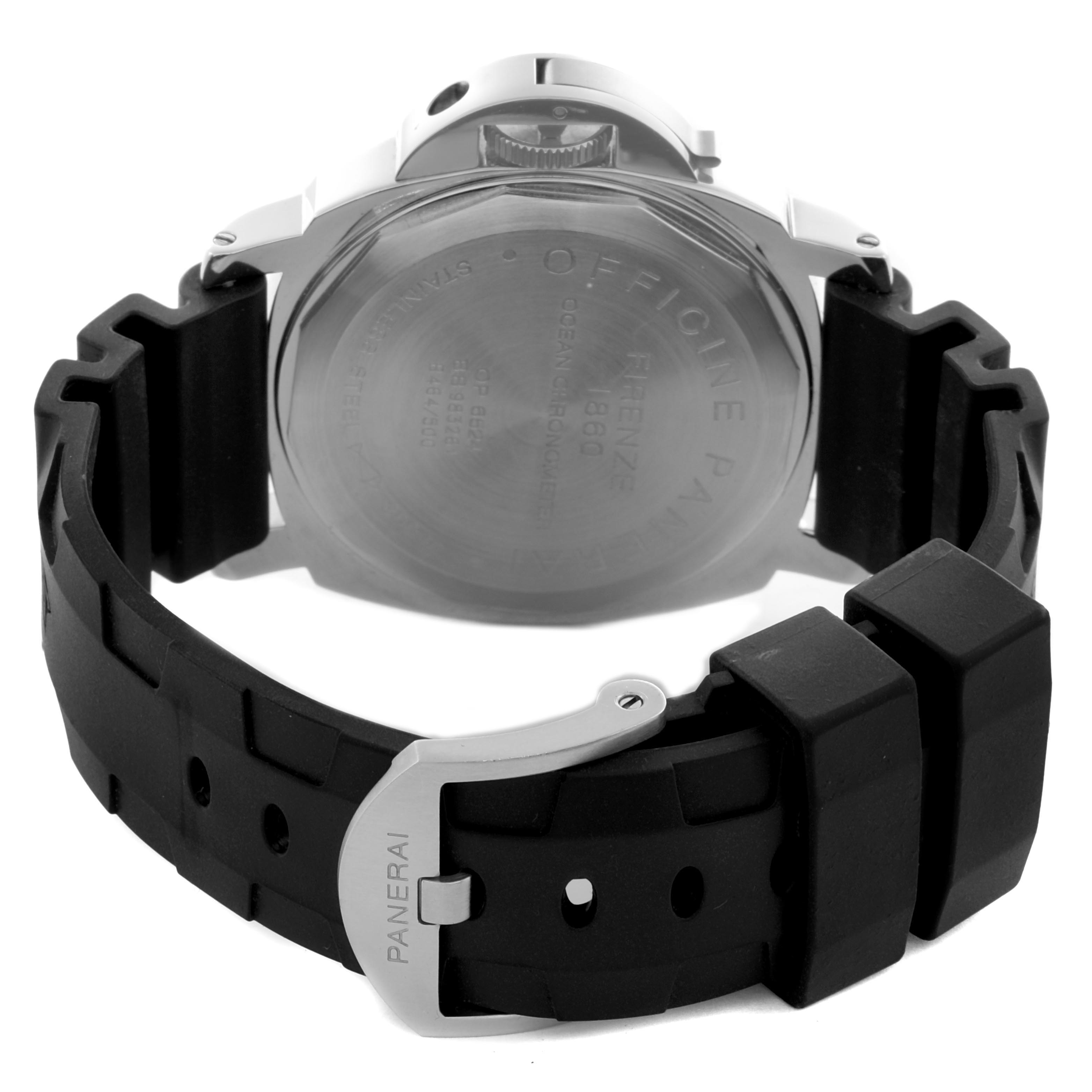 The image shows the back of a Panerai Luminor PAM00029 Men's Stainless Steel Black Dial PAM00029 Men's Stainless Steel Black Dial watch, highlighting the case back and black rubber strap with a branded buckle.