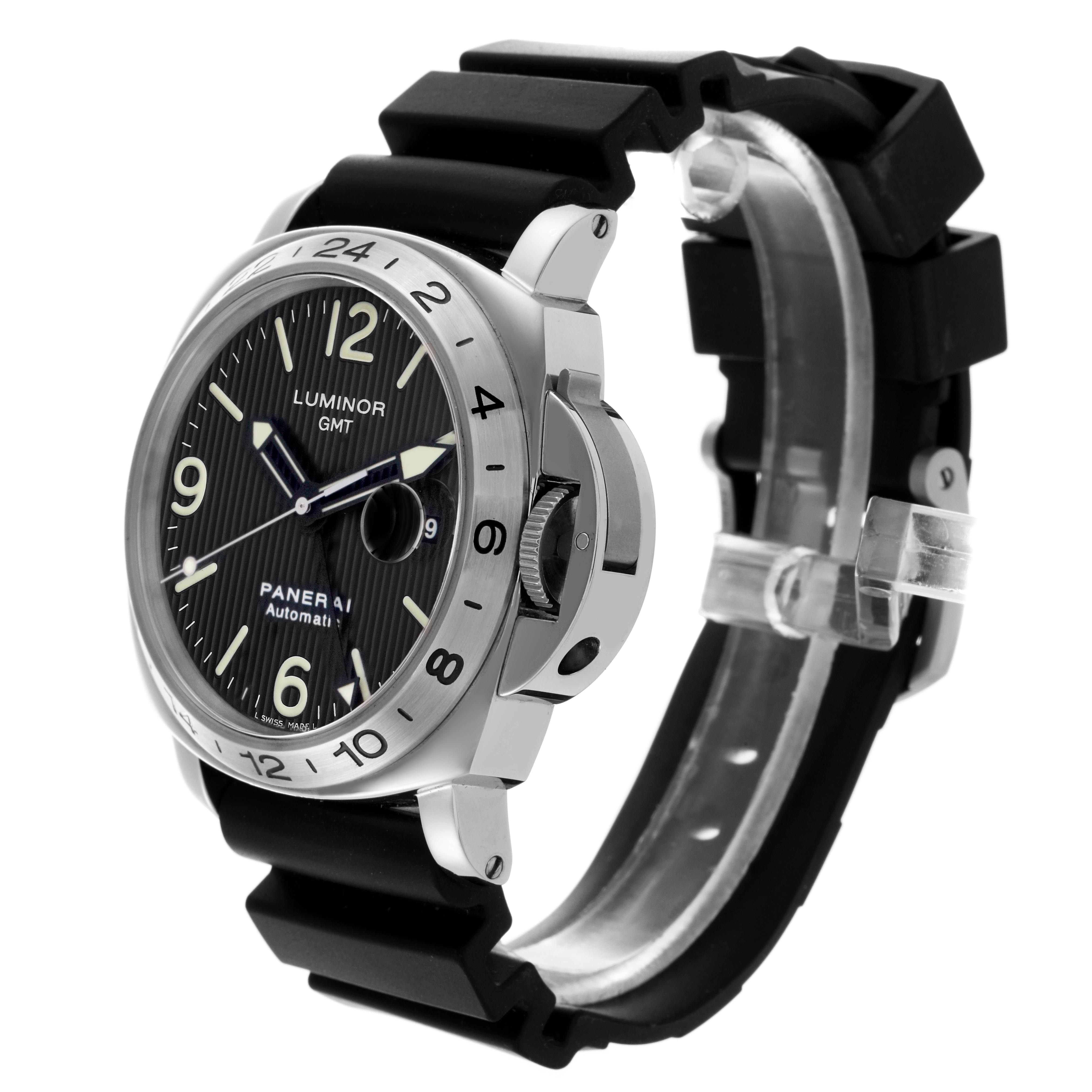 The Panerai Luminor PAM00029 Men's Stainless Steel Black Dial PAM00029 Men's Stainless Steel Black Dial watch is shown at a three-quarter angle, highlighting the bezel, dial, crown guard, and strap.