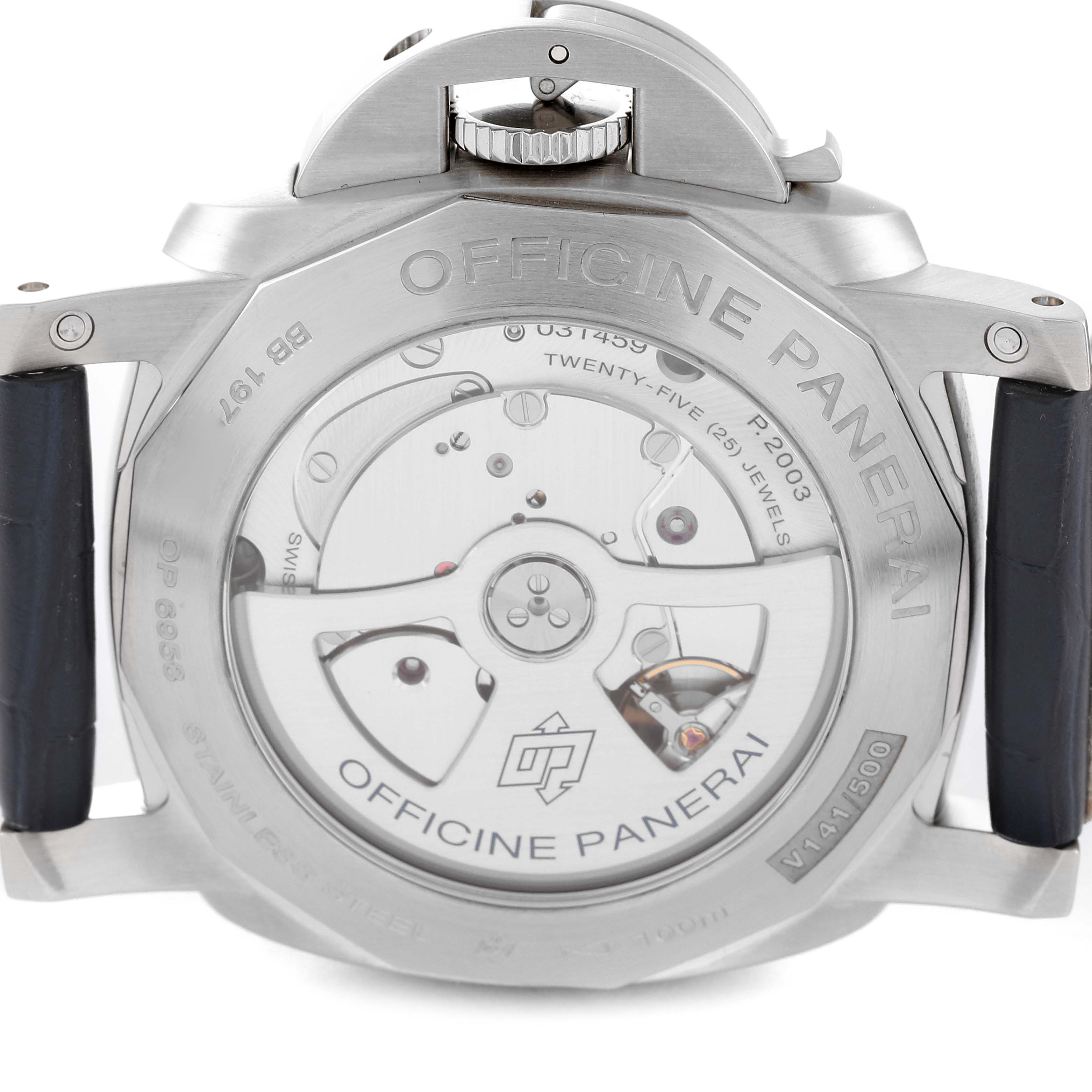 The image shows the back view of the Panerai Luminor PAM00986 Men's Stainless Steel Blue Dial PAM00986 Men's Stainless Steel Blue Dial watch, highlighting its internal mechanics and branding.