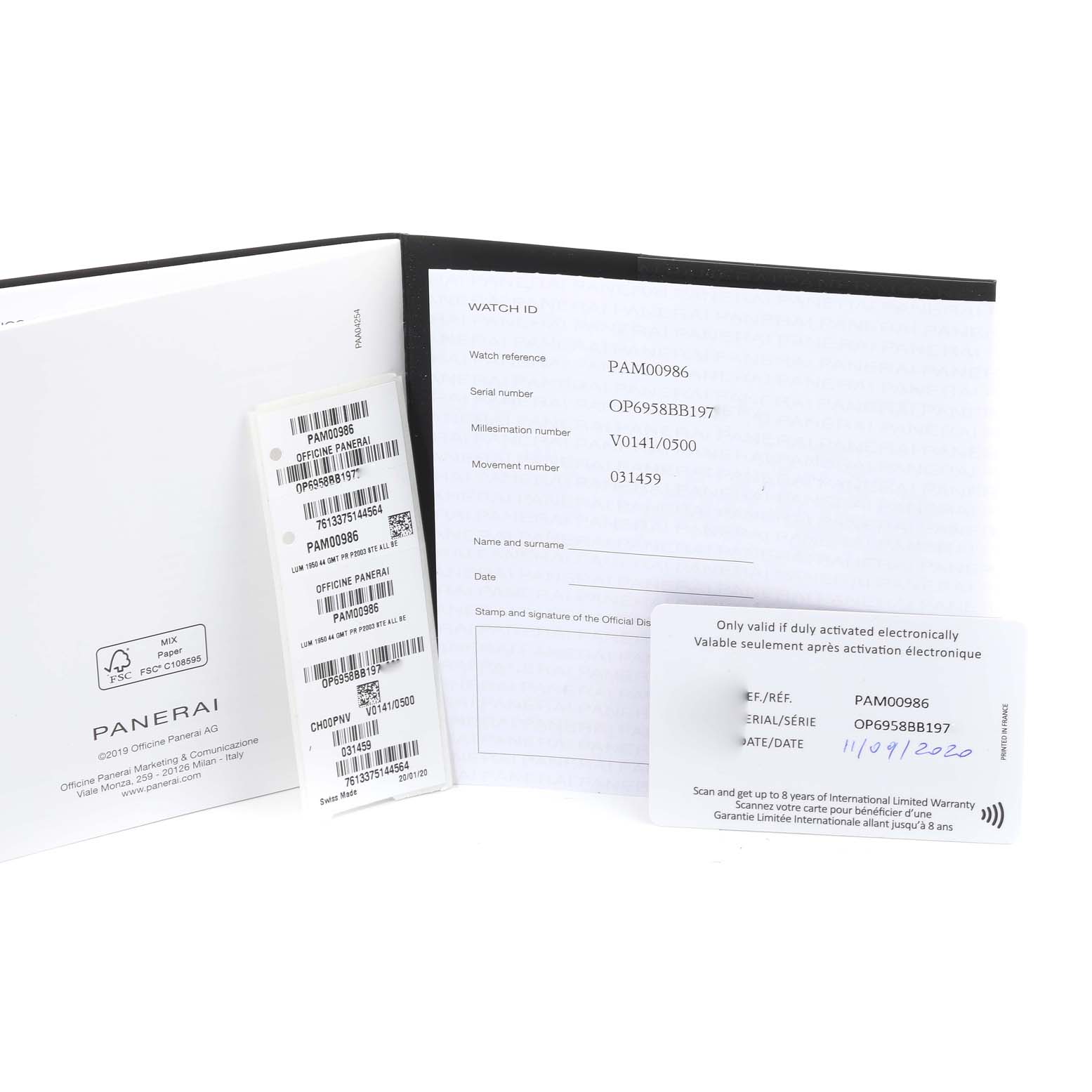 The image shows certification documents and tags for a Luminor model by Panerai.